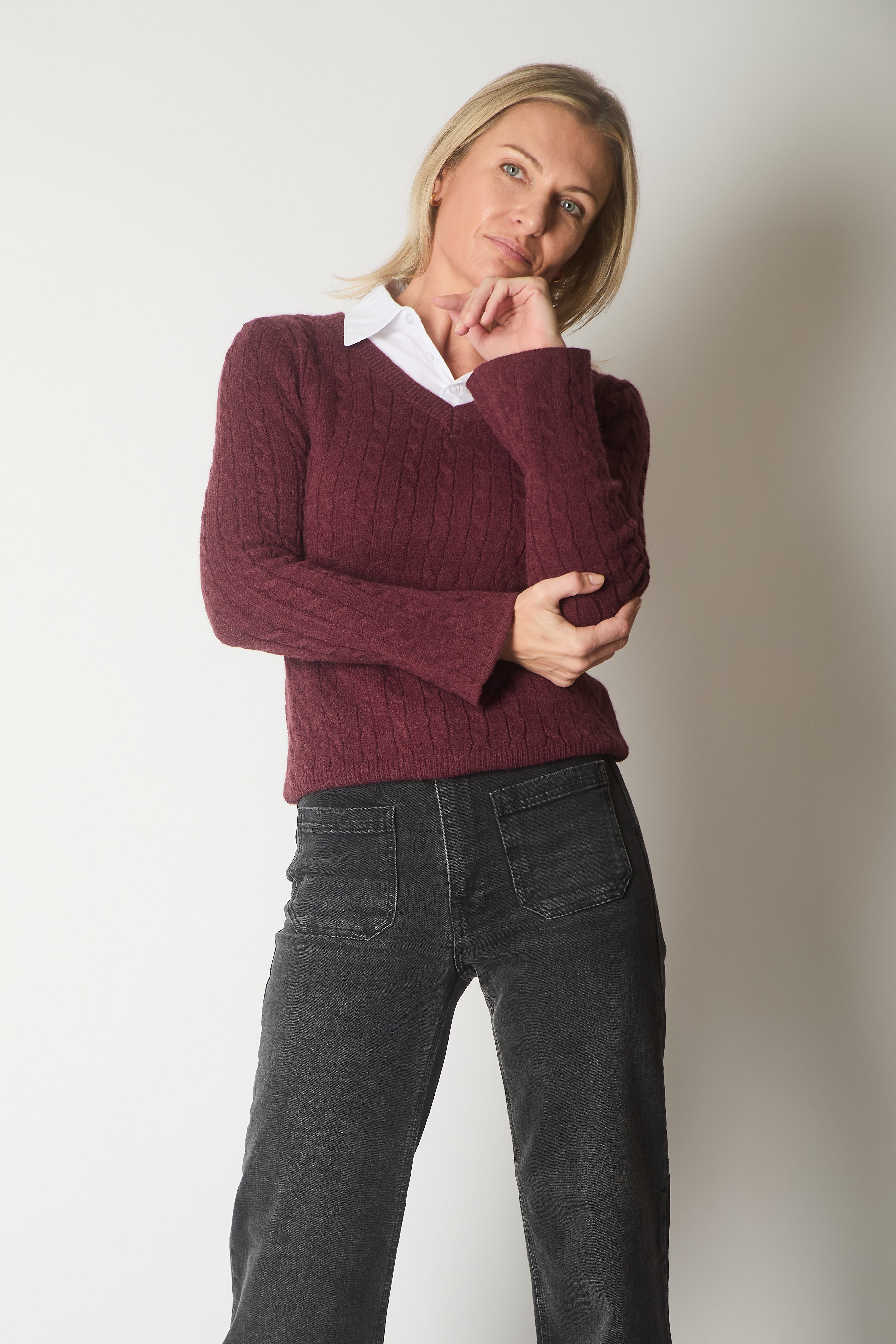Cable Knit V-Neck Sweater with Layered Collar Detail - Wine
