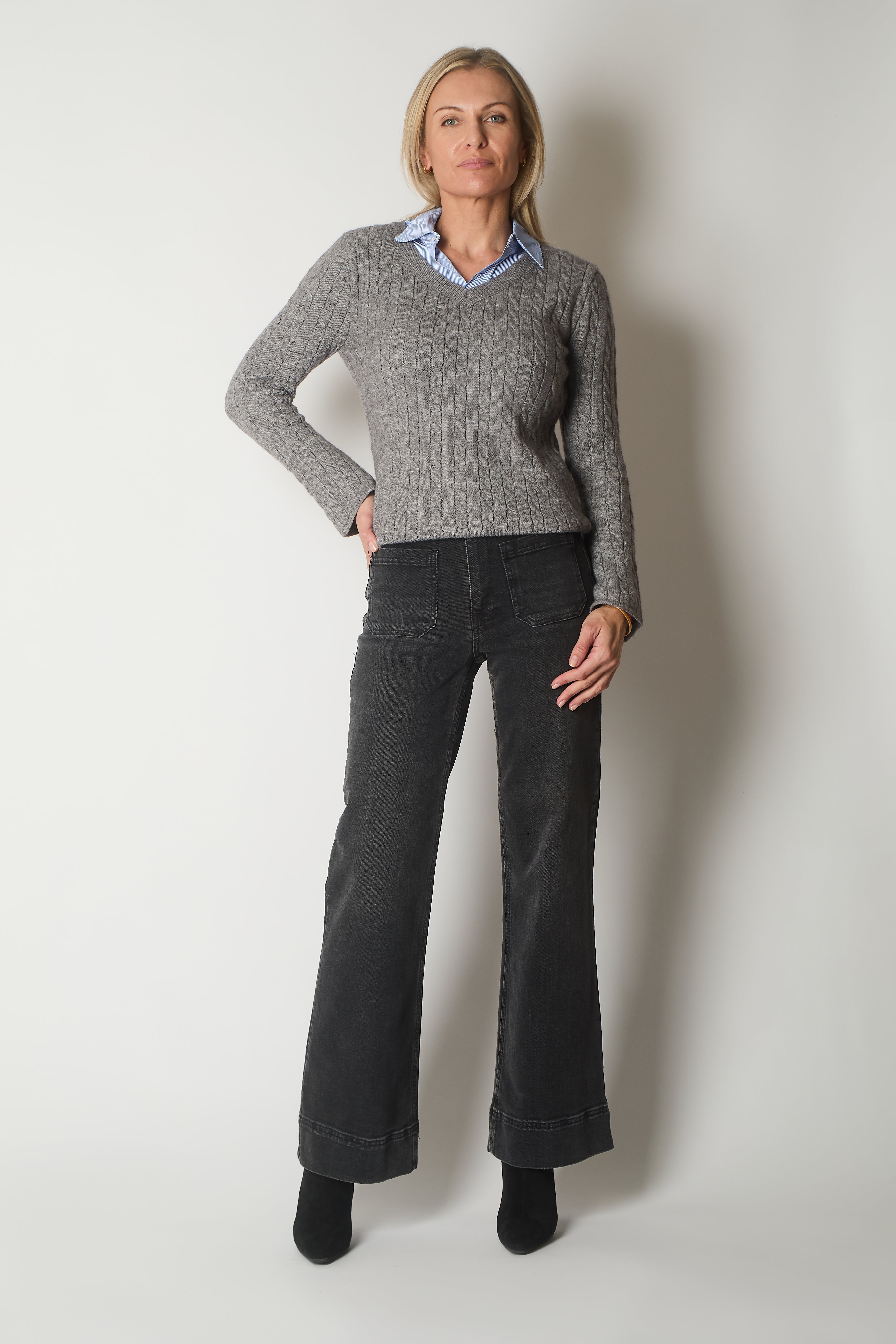 Cable Knit V-Neck Sweater with Layered Collar Detail - Grey