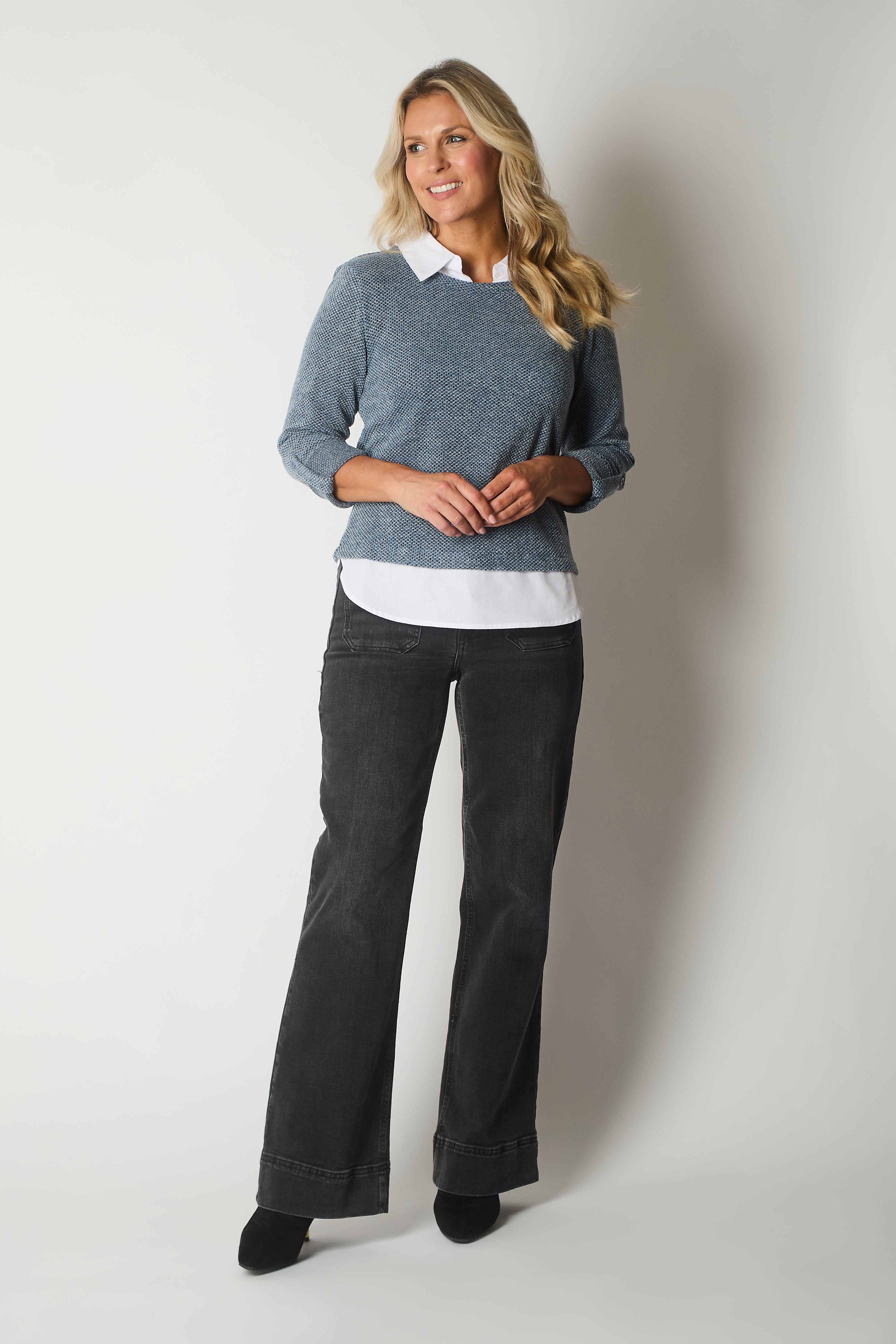 Textured Knit Jumper with Contrast Collar and Hem - Blue