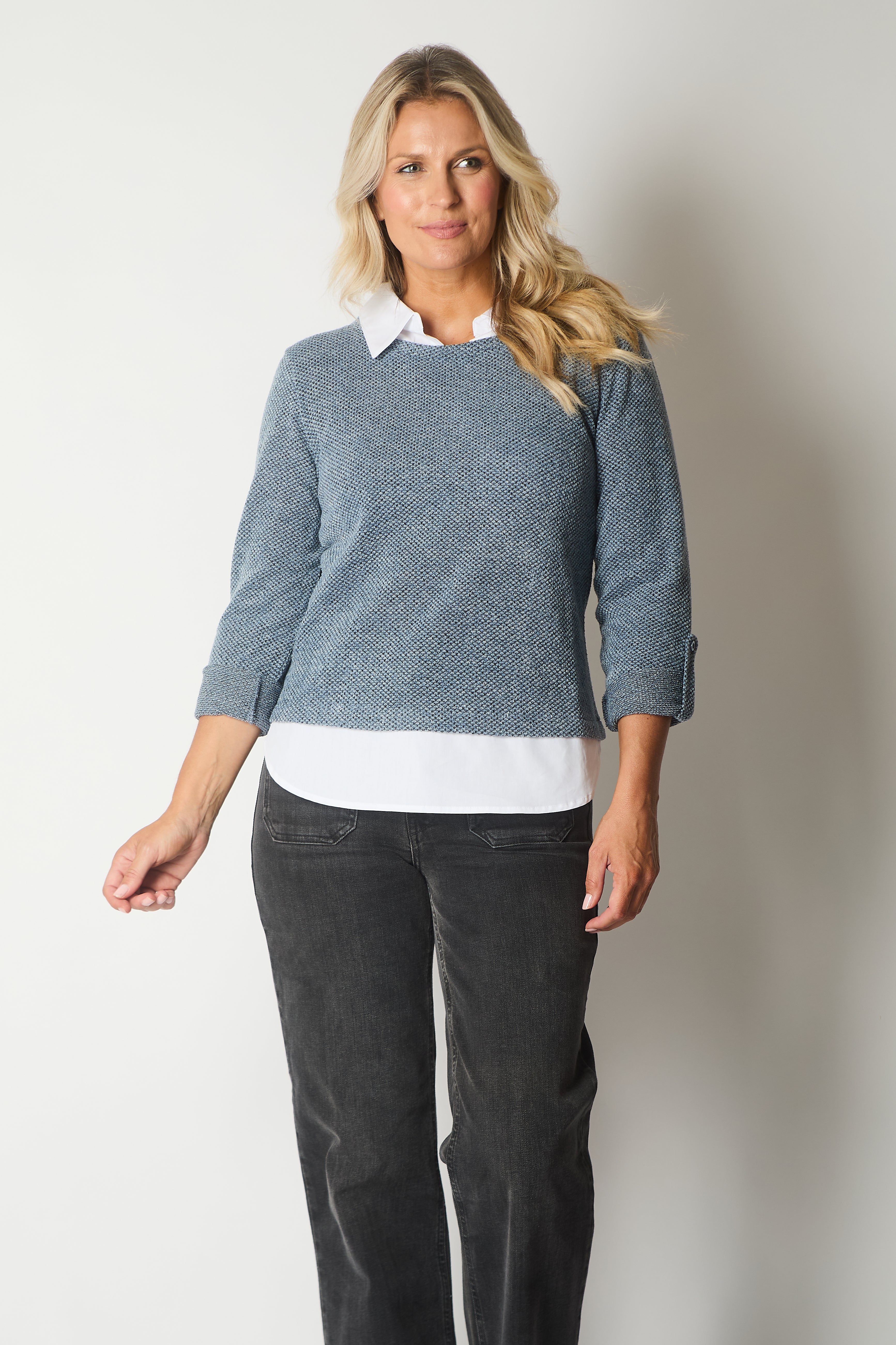 Textured Knit Jumper with Contrast Collar and Hem - Blue