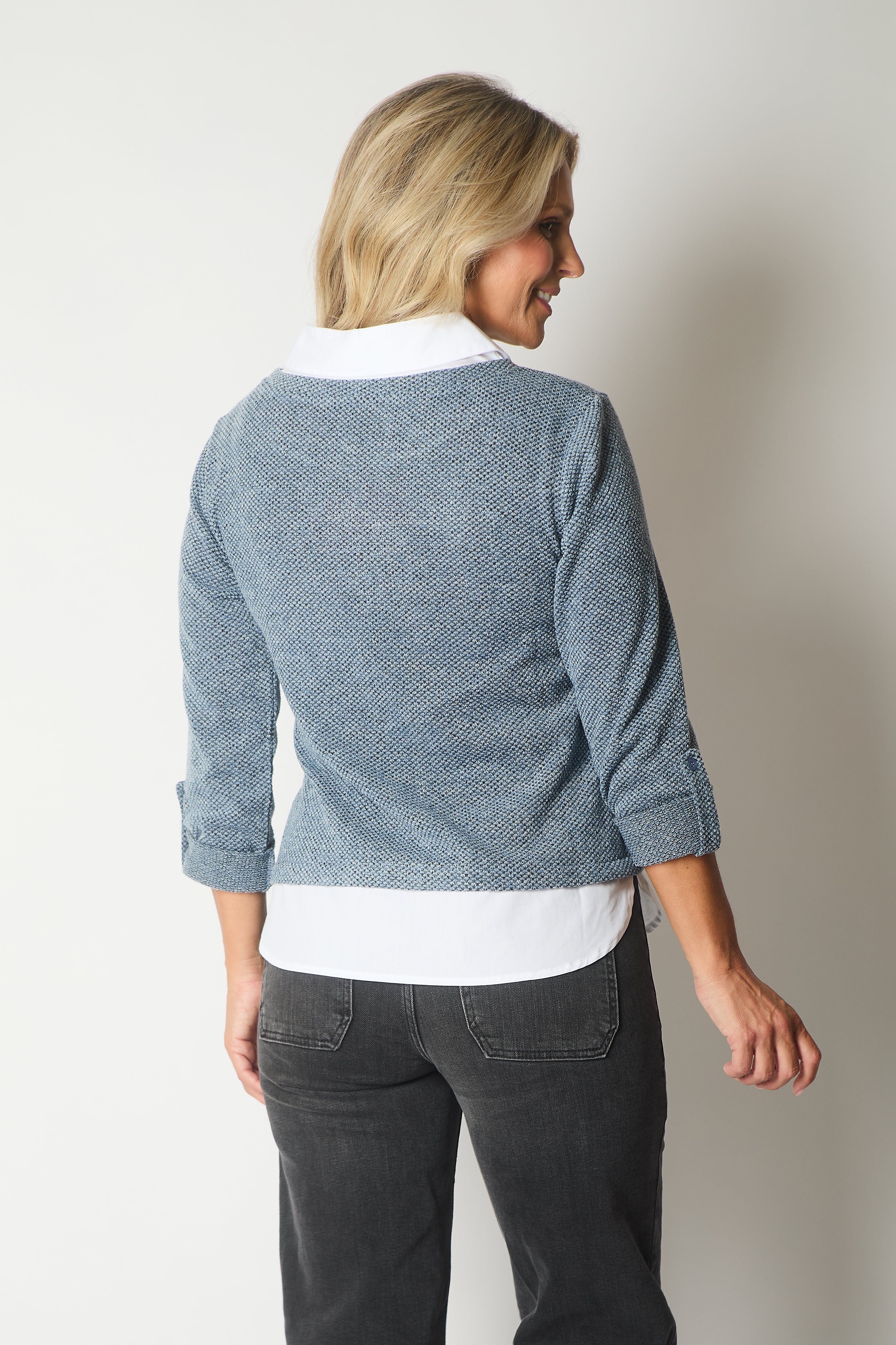 Textured Knit Jumper with Contrast Collar and Hem - Blue