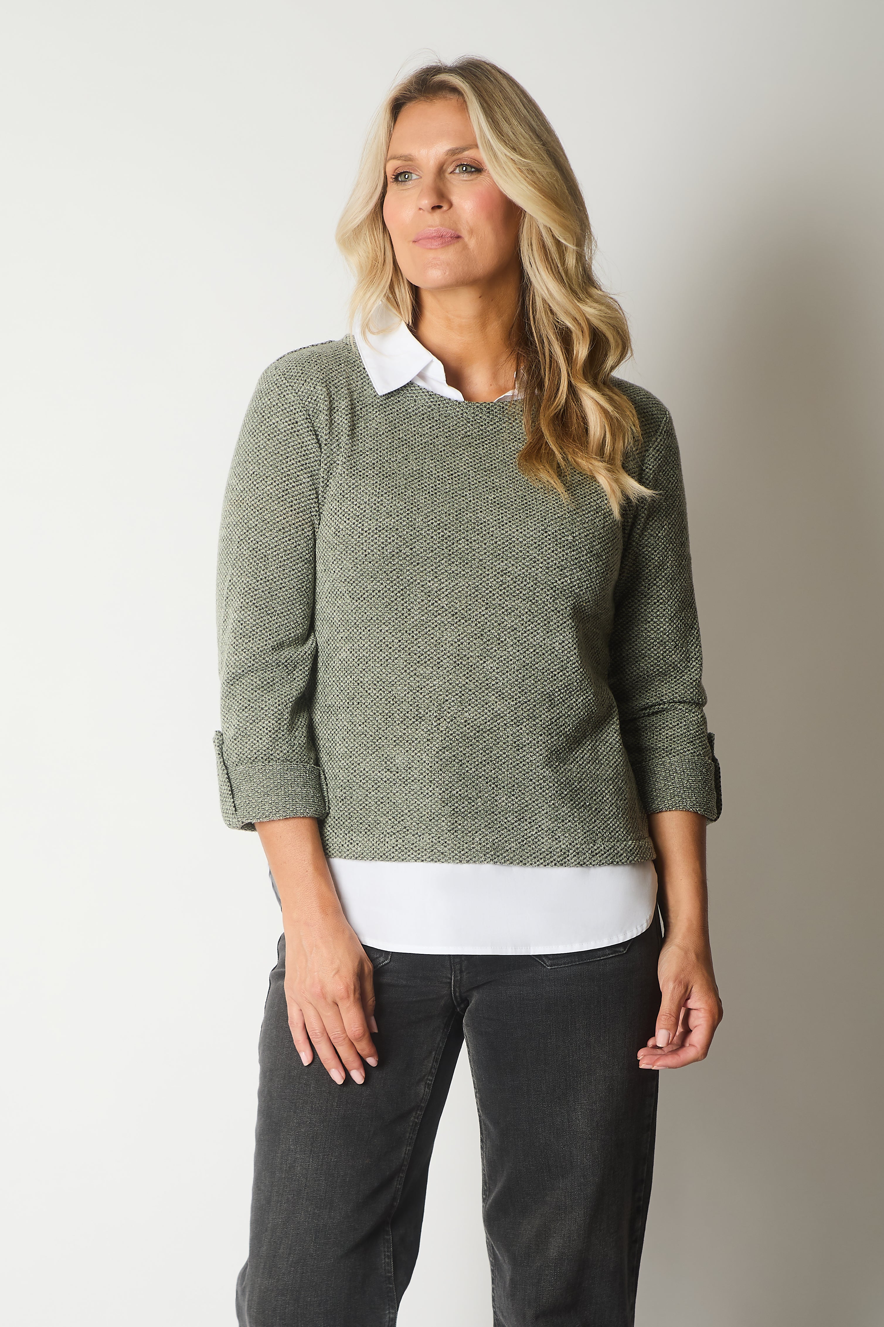 Textured Knit Jumper with Contrast Collar and Hem - Green