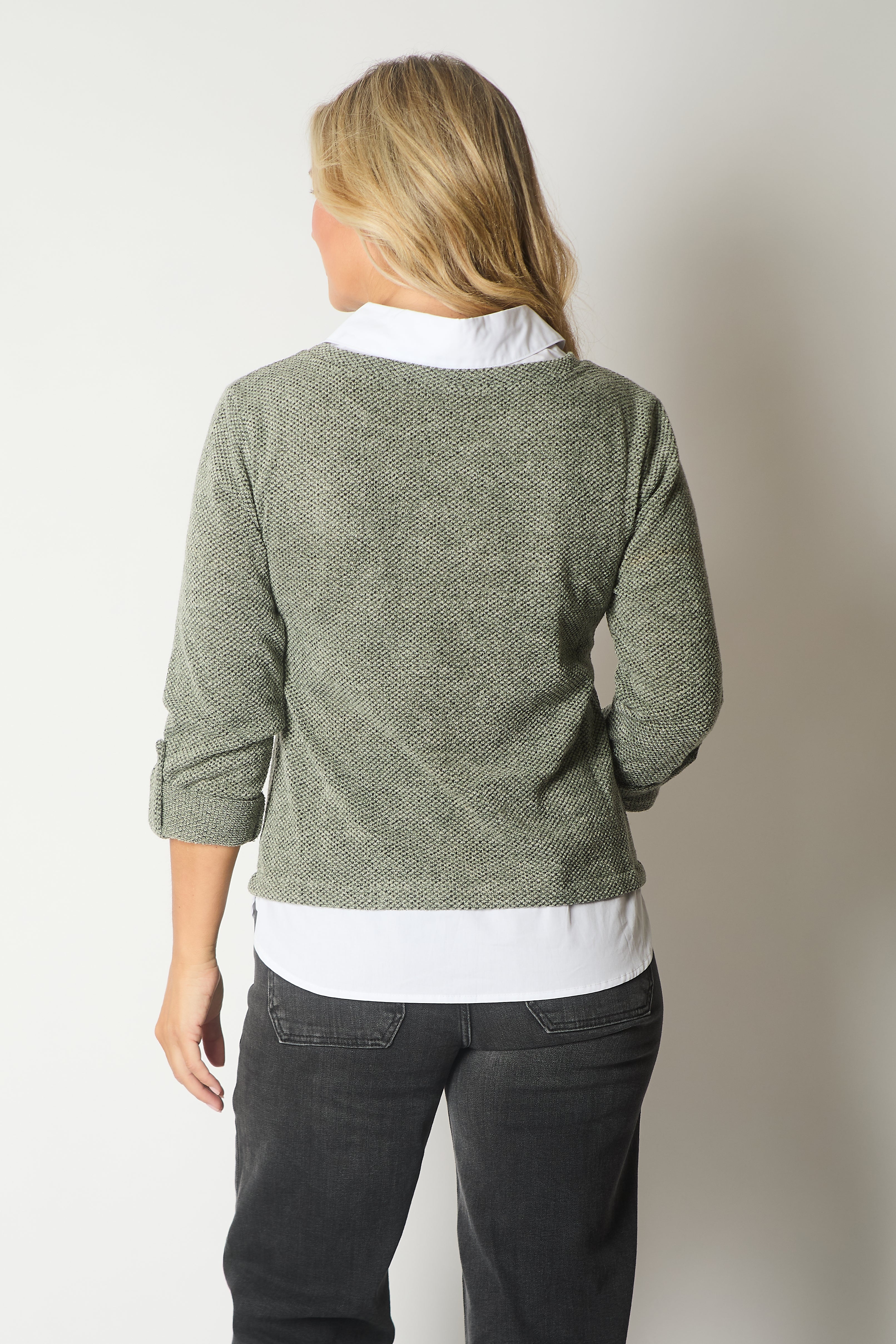 Textured Knit Jumper with Contrast Collar and Hem - Green