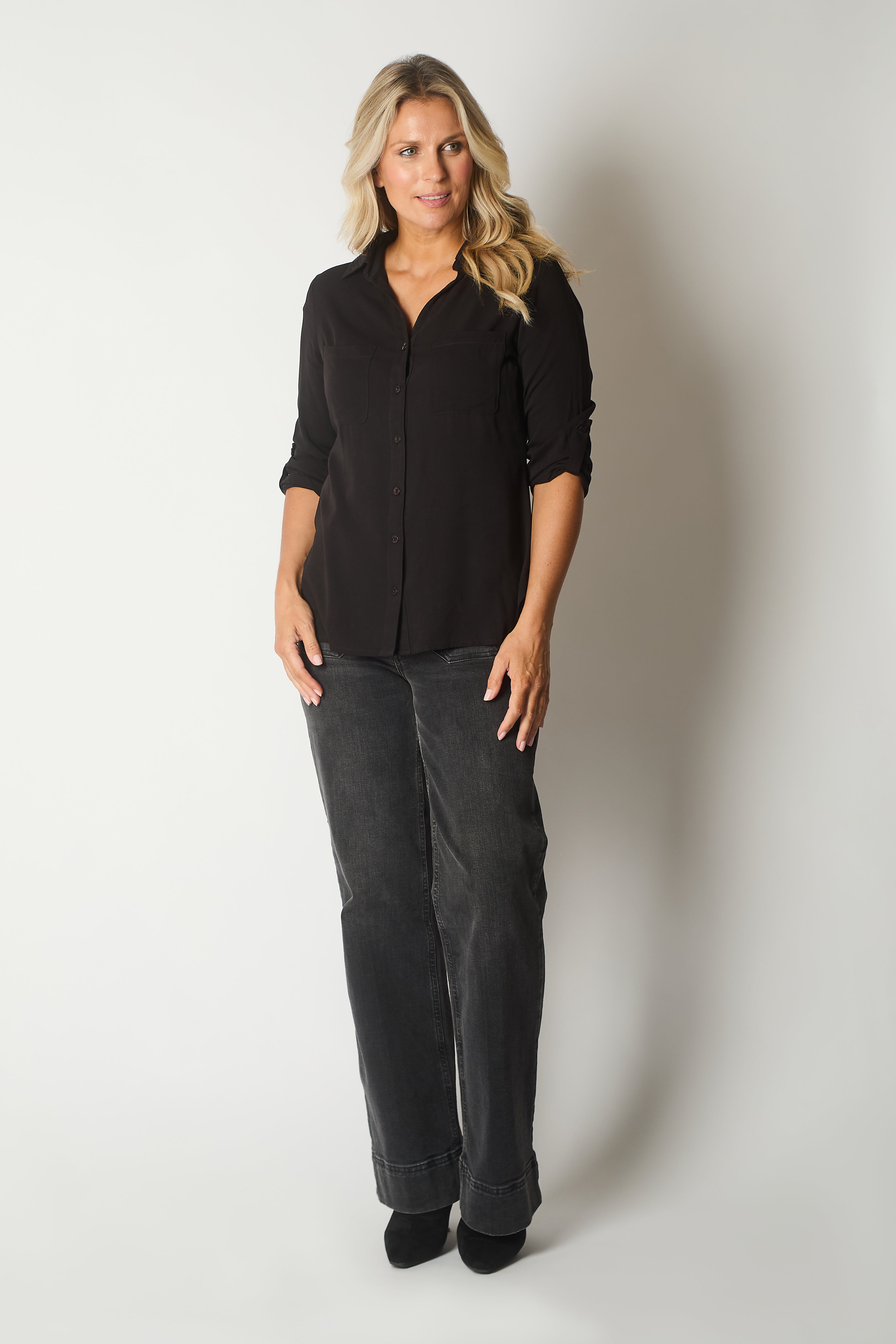 Button-Up Blouse with Pockets - Black