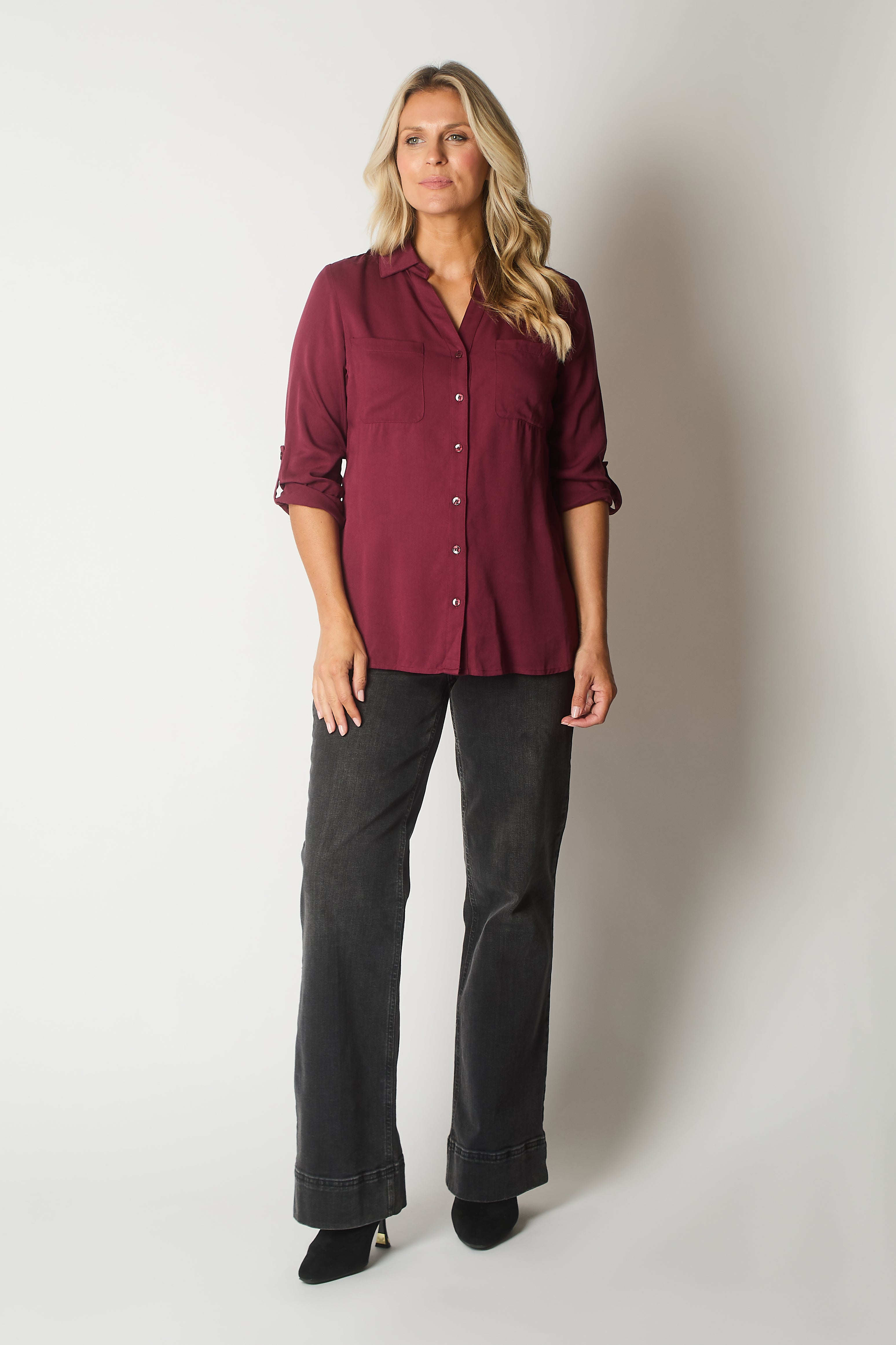 Button-Up Blouse with Pockets - Wine