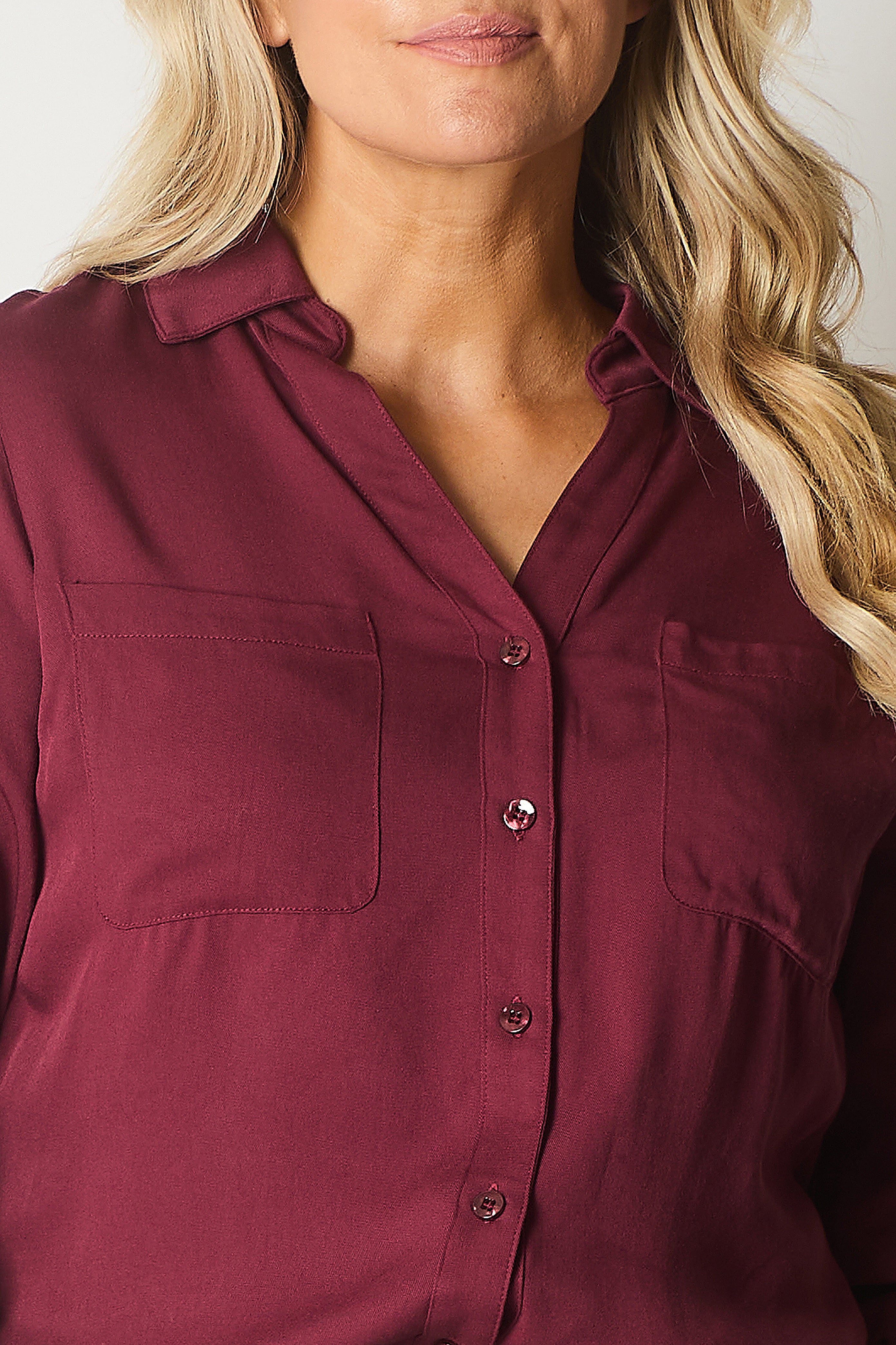 Button-Up Blouse with Pockets - Wine