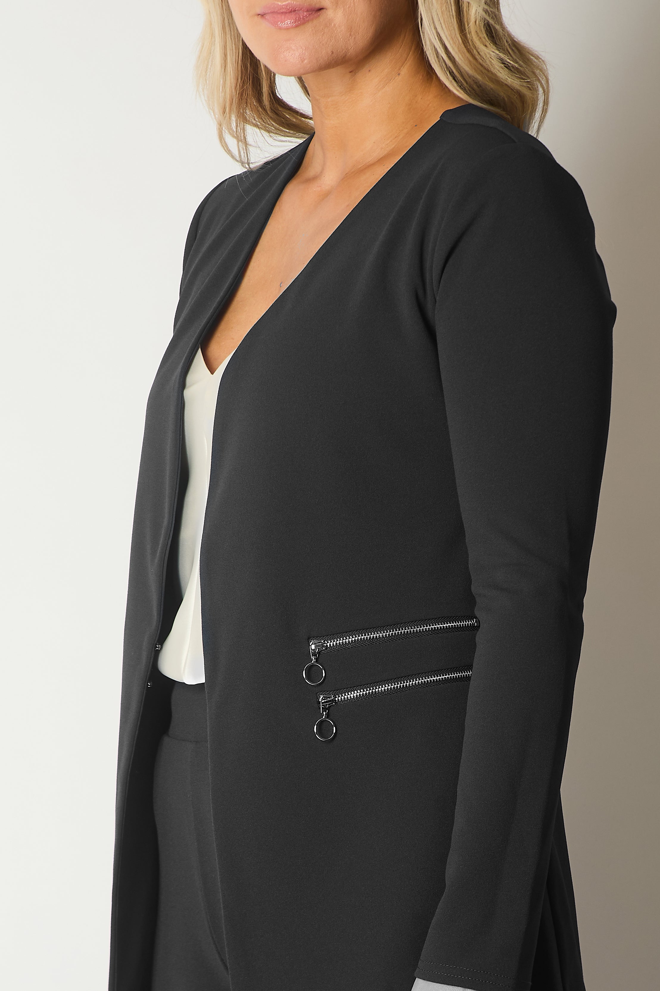 Blazer with Decorative Zip Pockets - Black