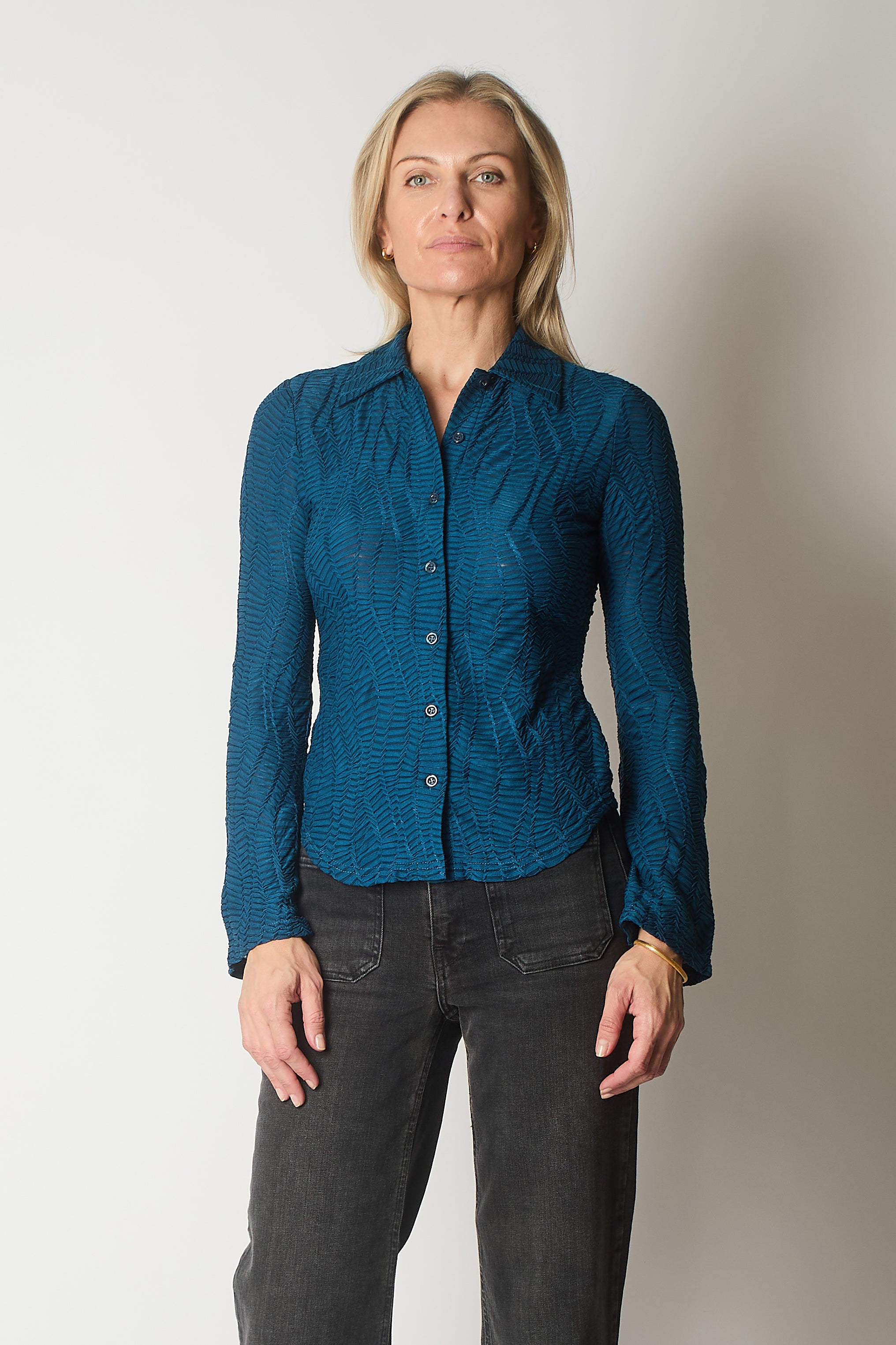 Textured Shirt with Flared Cuffs - Blue