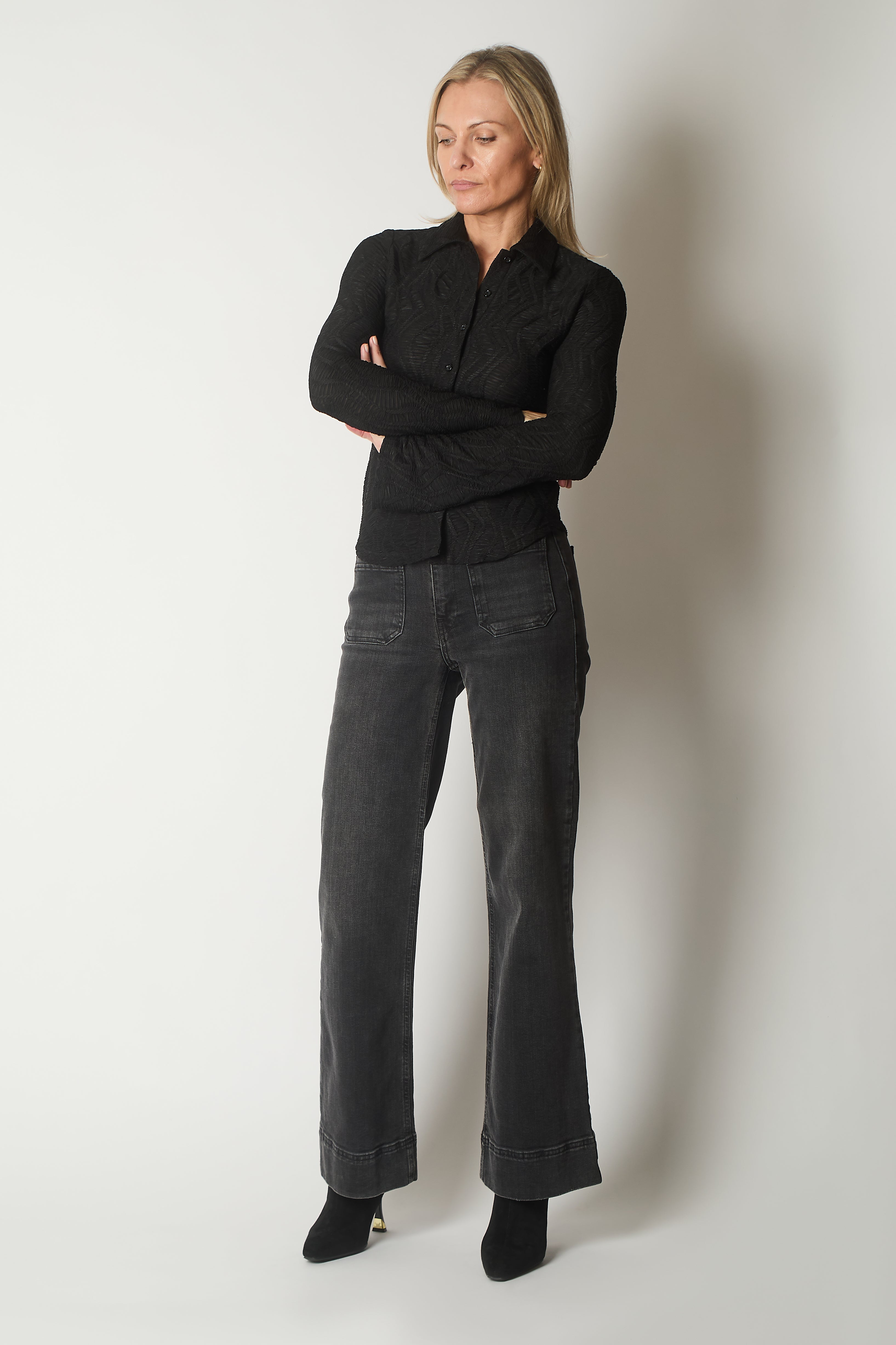 Textured Shirt with Flared Cuffs - Black