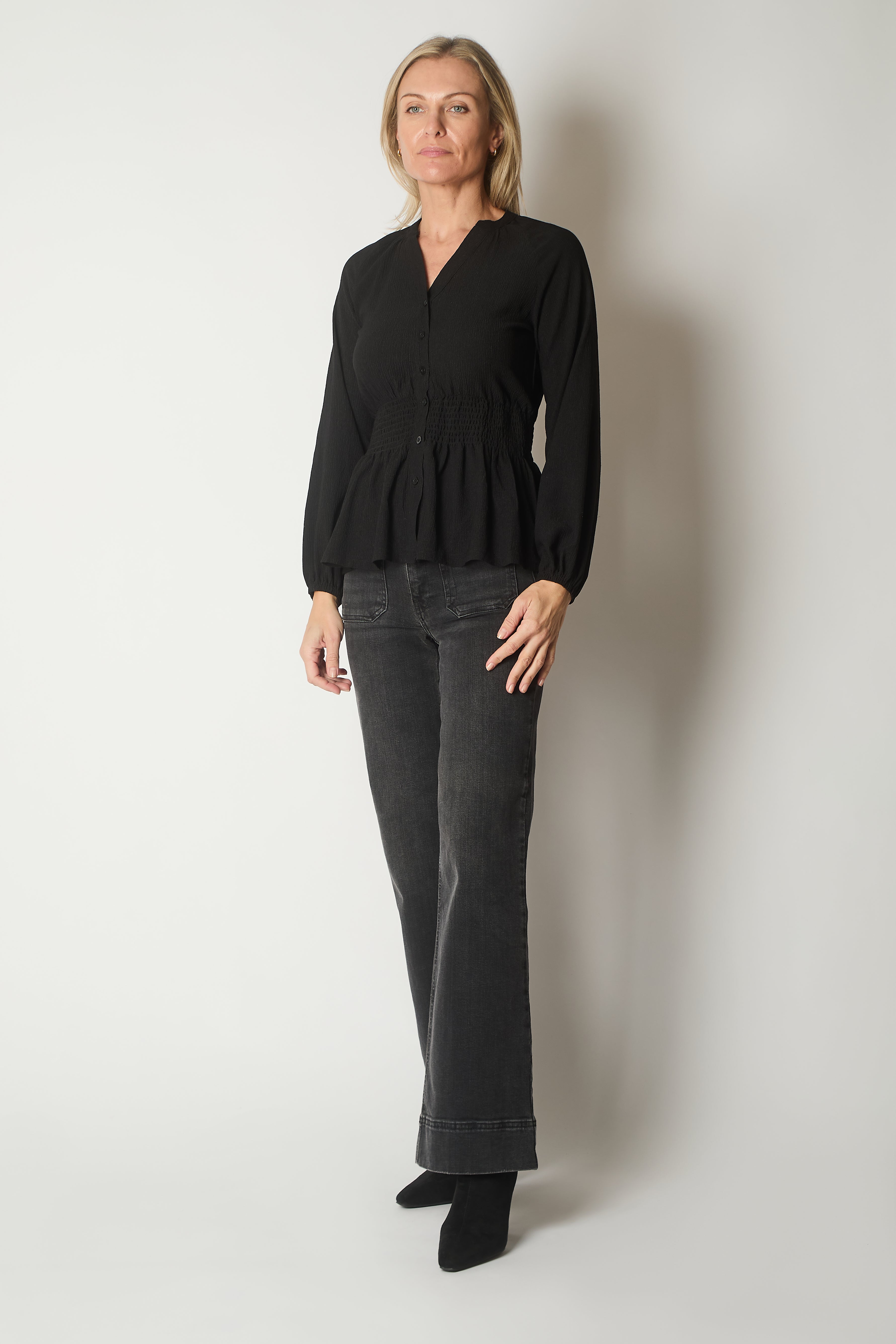 Smocked Waist Long Sleeve Blouse - Black
