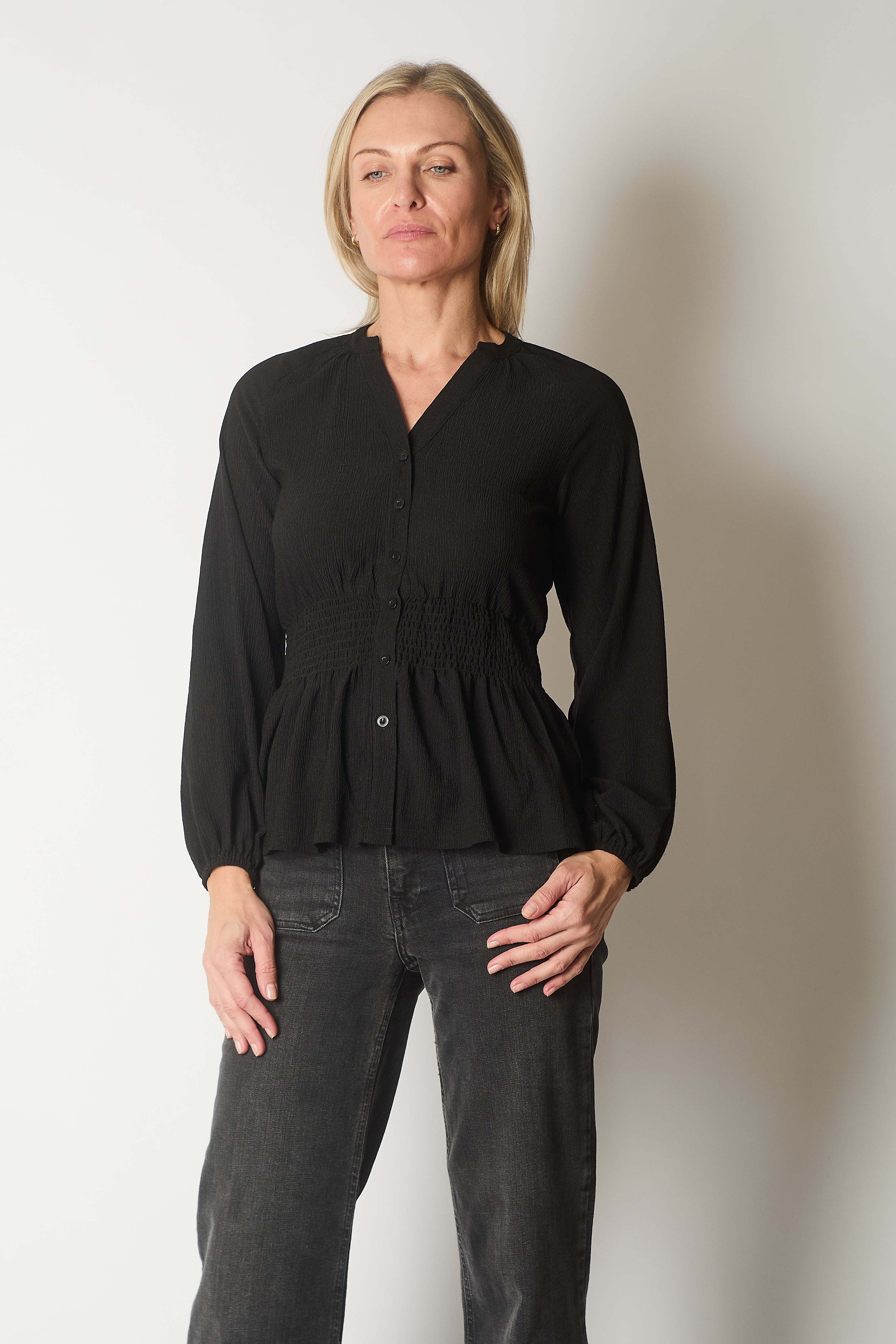 Smocked Waist Long Sleeve Blouse - Black