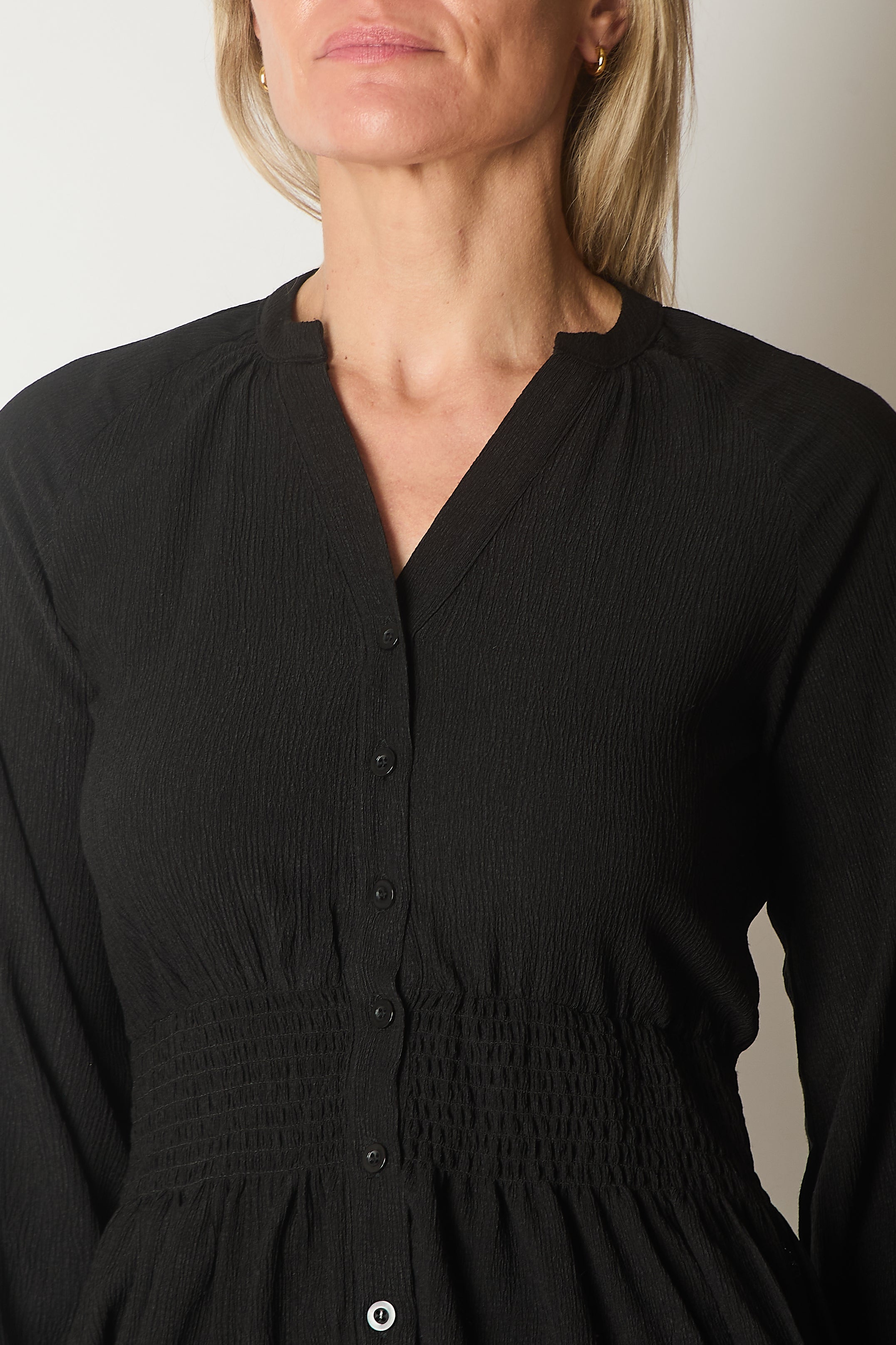 Smocked Waist Long Sleeve Blouse - Black