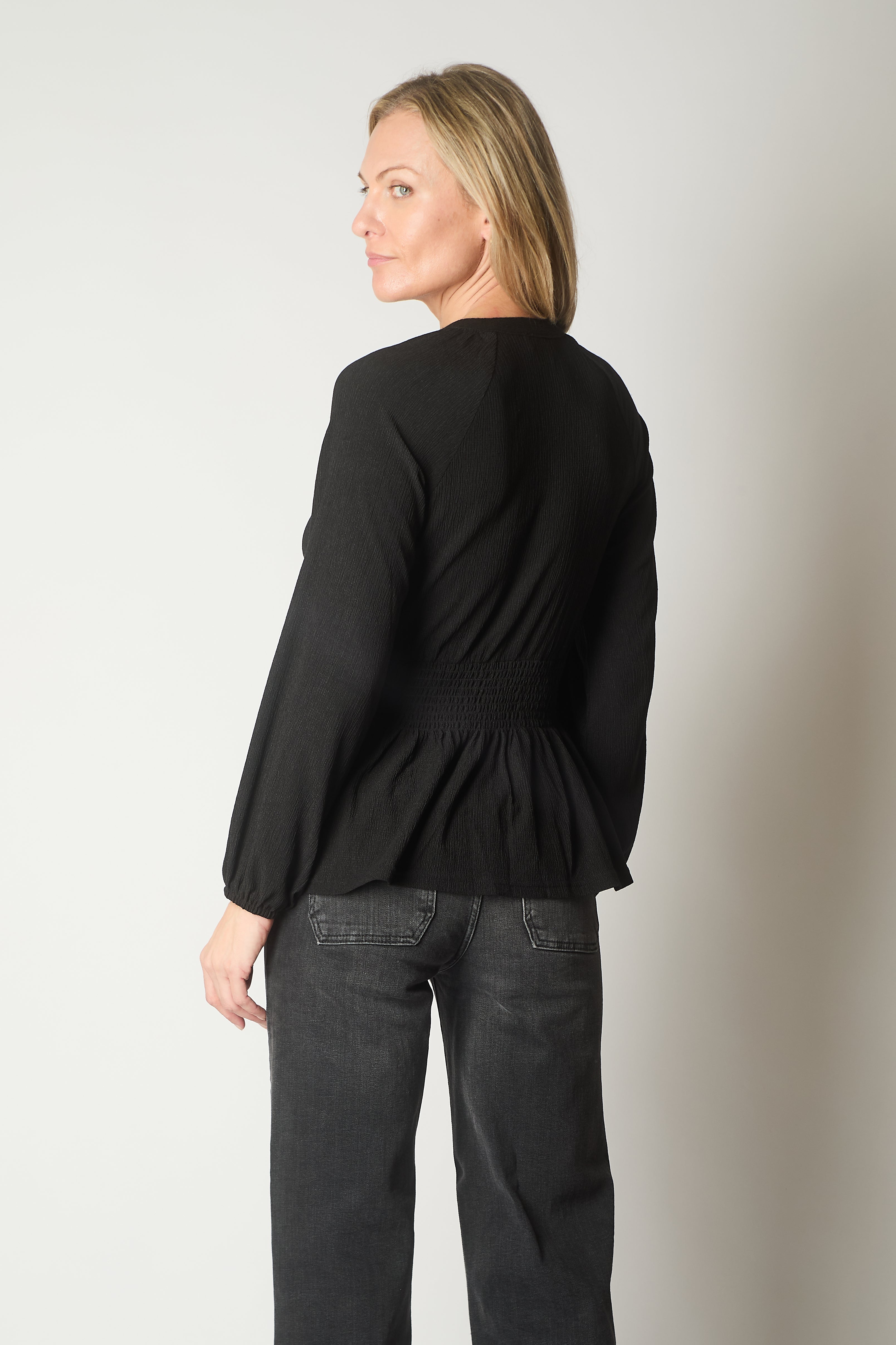 Smocked Waist Long Sleeve Blouse - Black