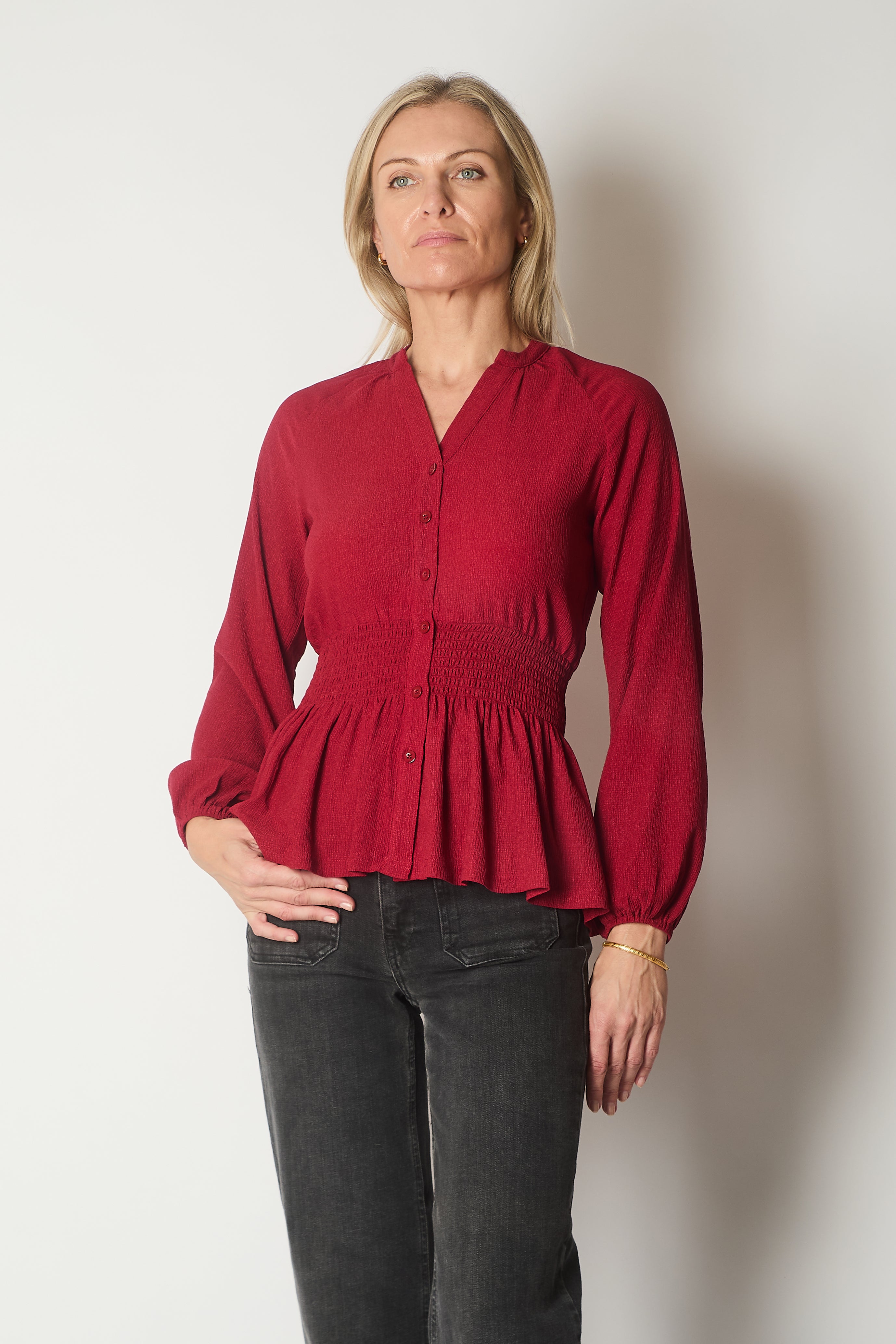 Smocked Waist Long Sleeve Blouse - Wine