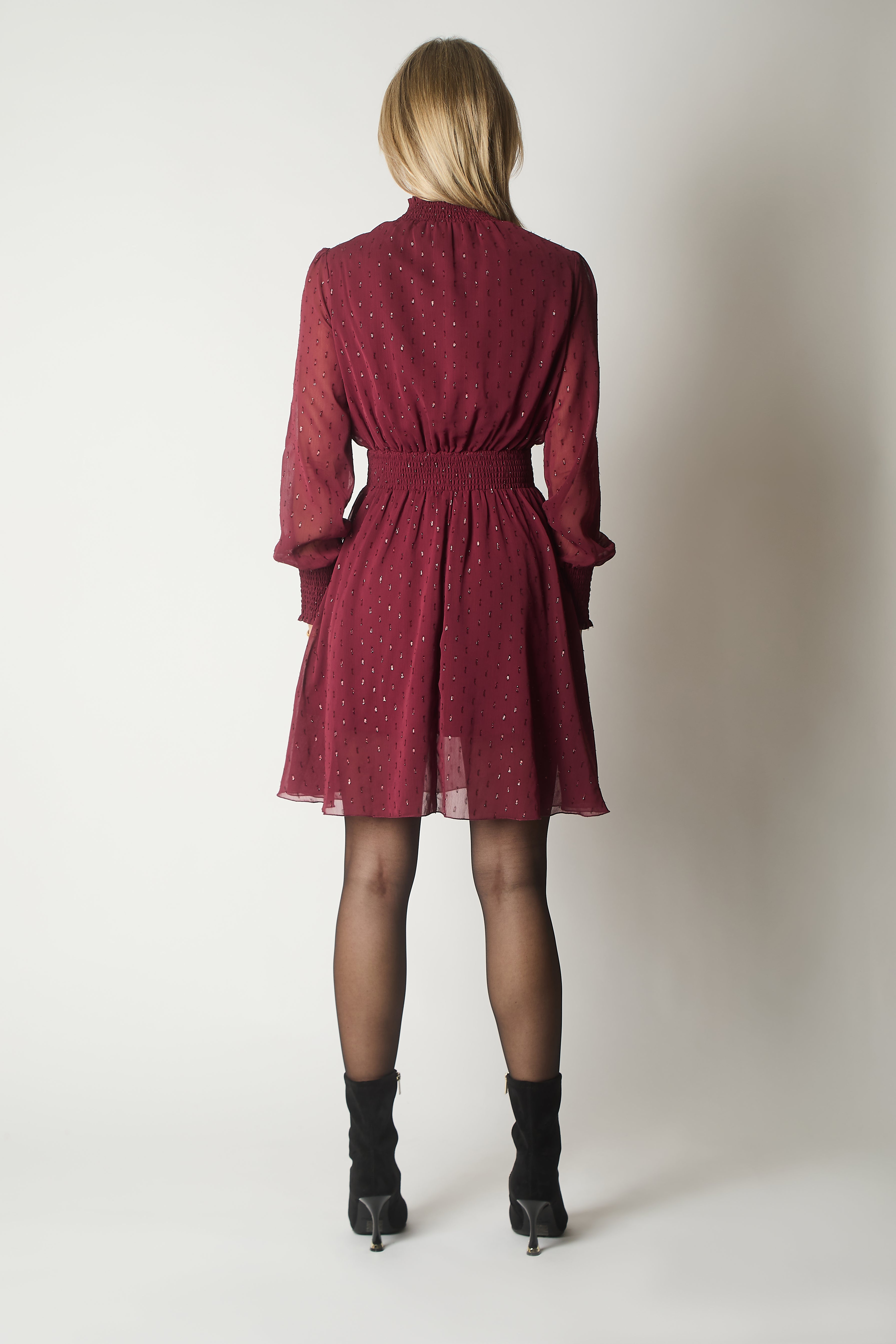 Smocked Waist Dress with Subtle Sparkle - Wine