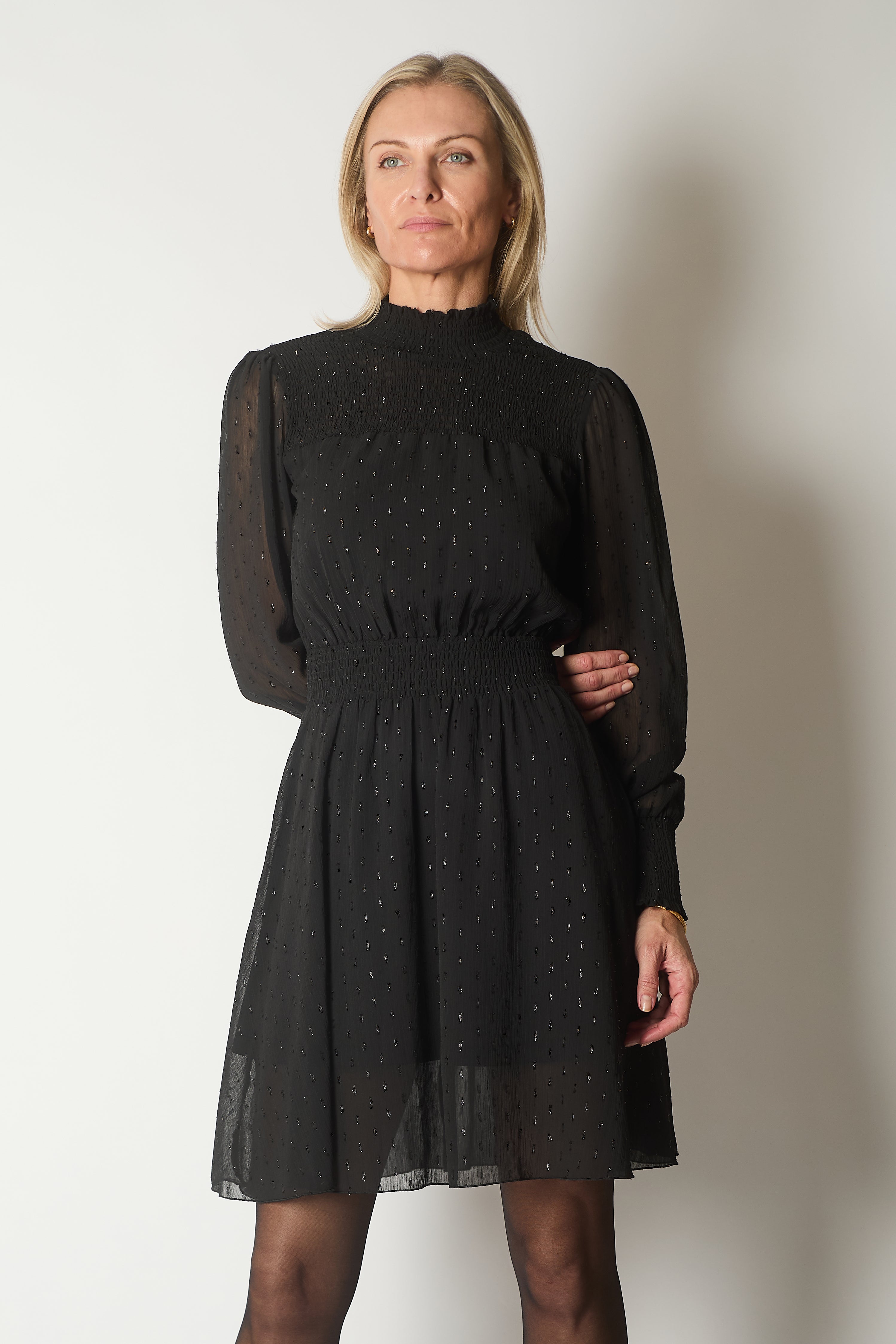 Smocked Waist Dress with Subtle Sparkle - Black
