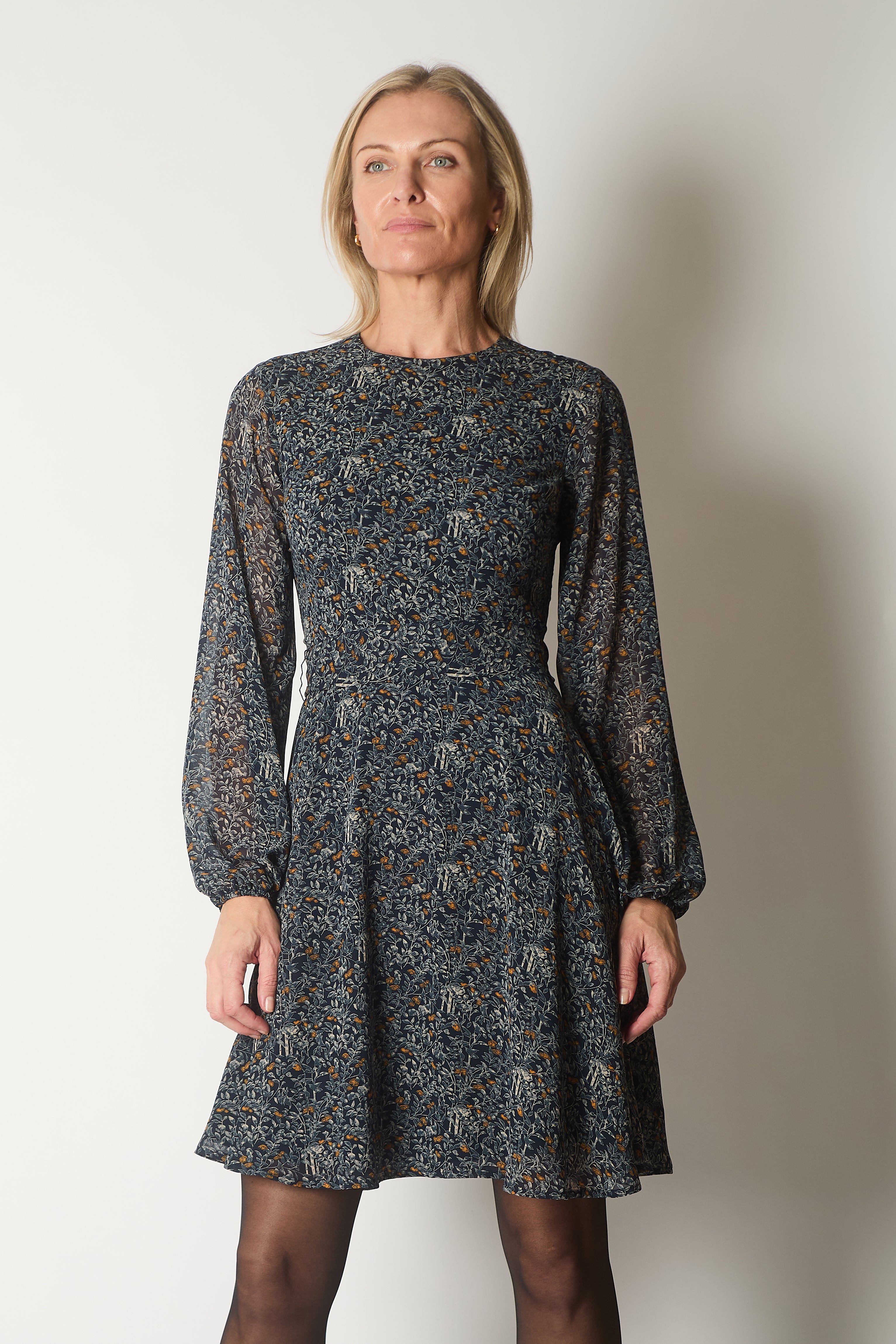 Tie-Waist Dress with Nature Print - Navy