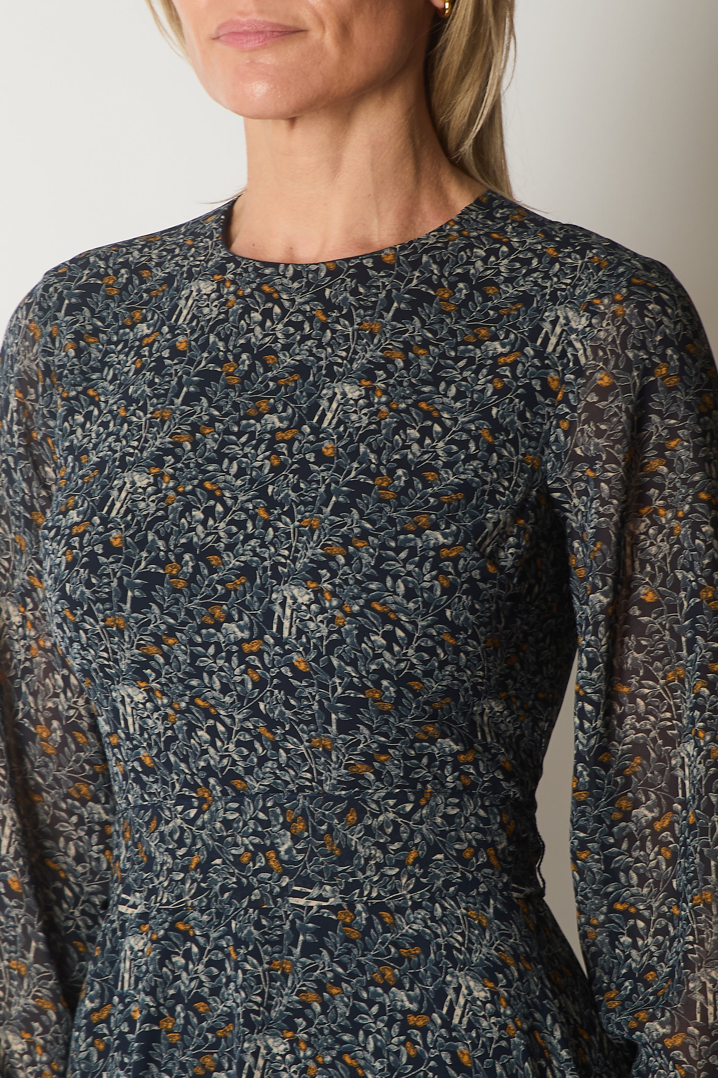 Tie-Waist Dress with Nature Print - Navy