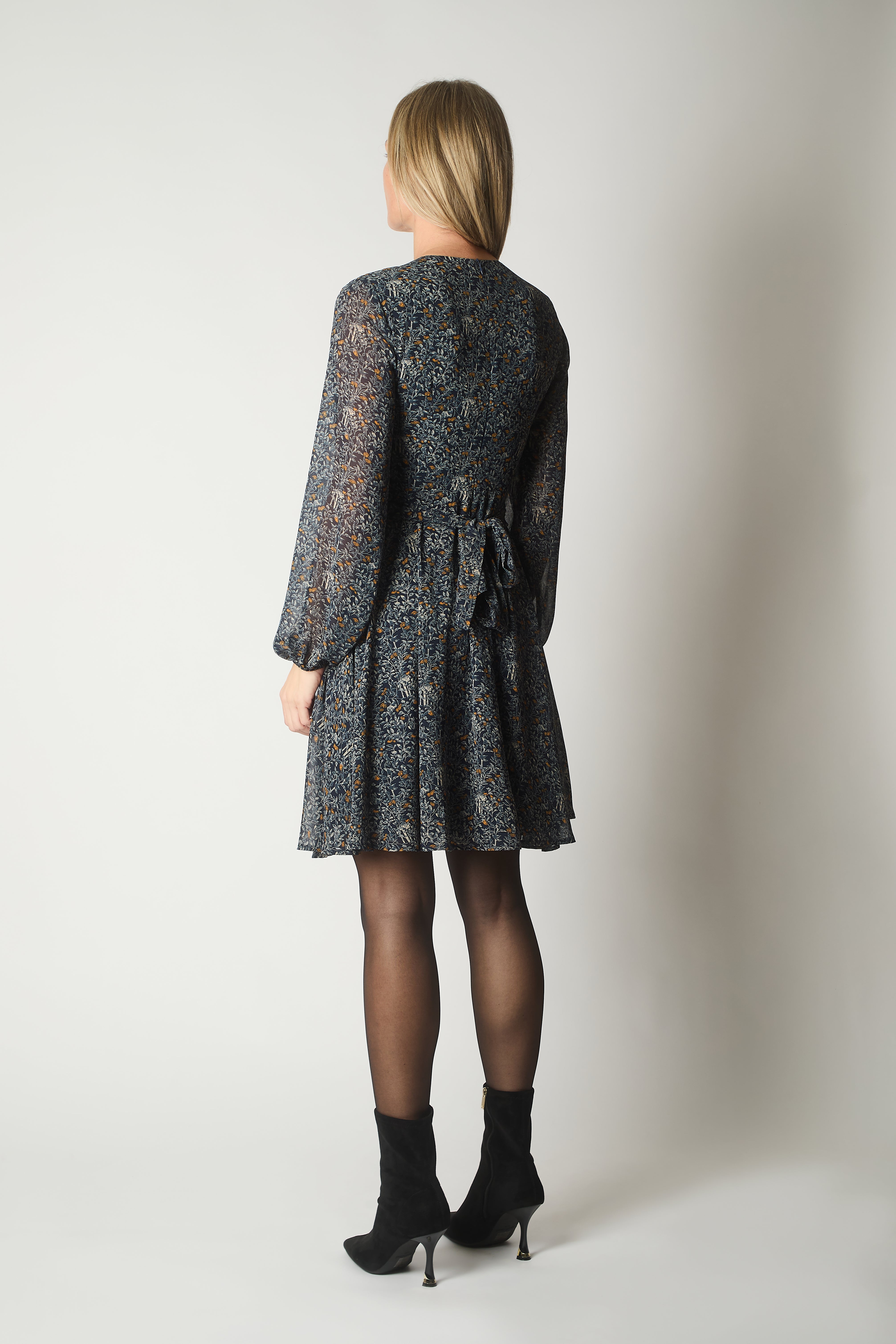 Tie-Waist Dress with Nature Print - Navy