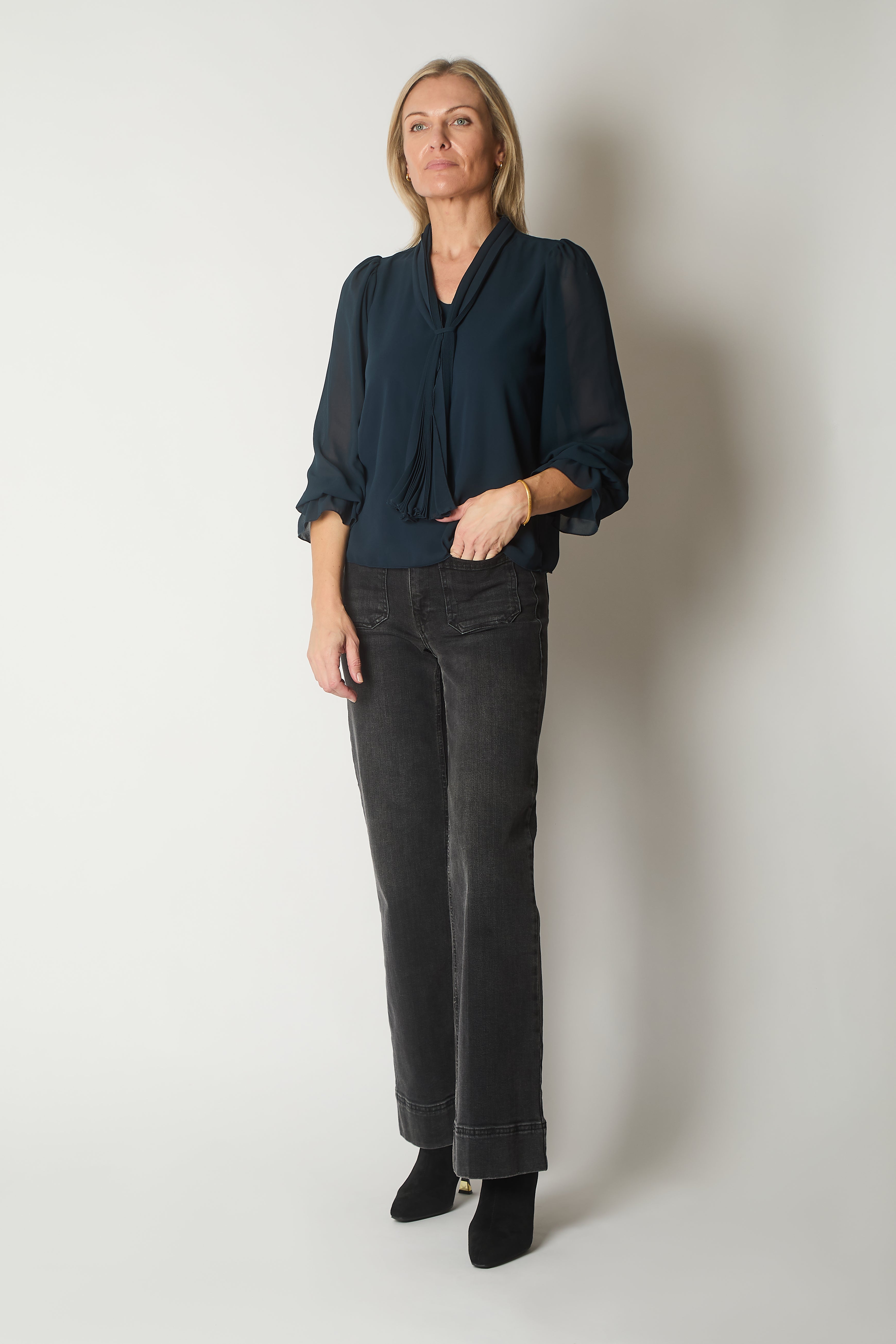 Tie Neck Long Sleeve Top with Ruffle Cuffs - Teal