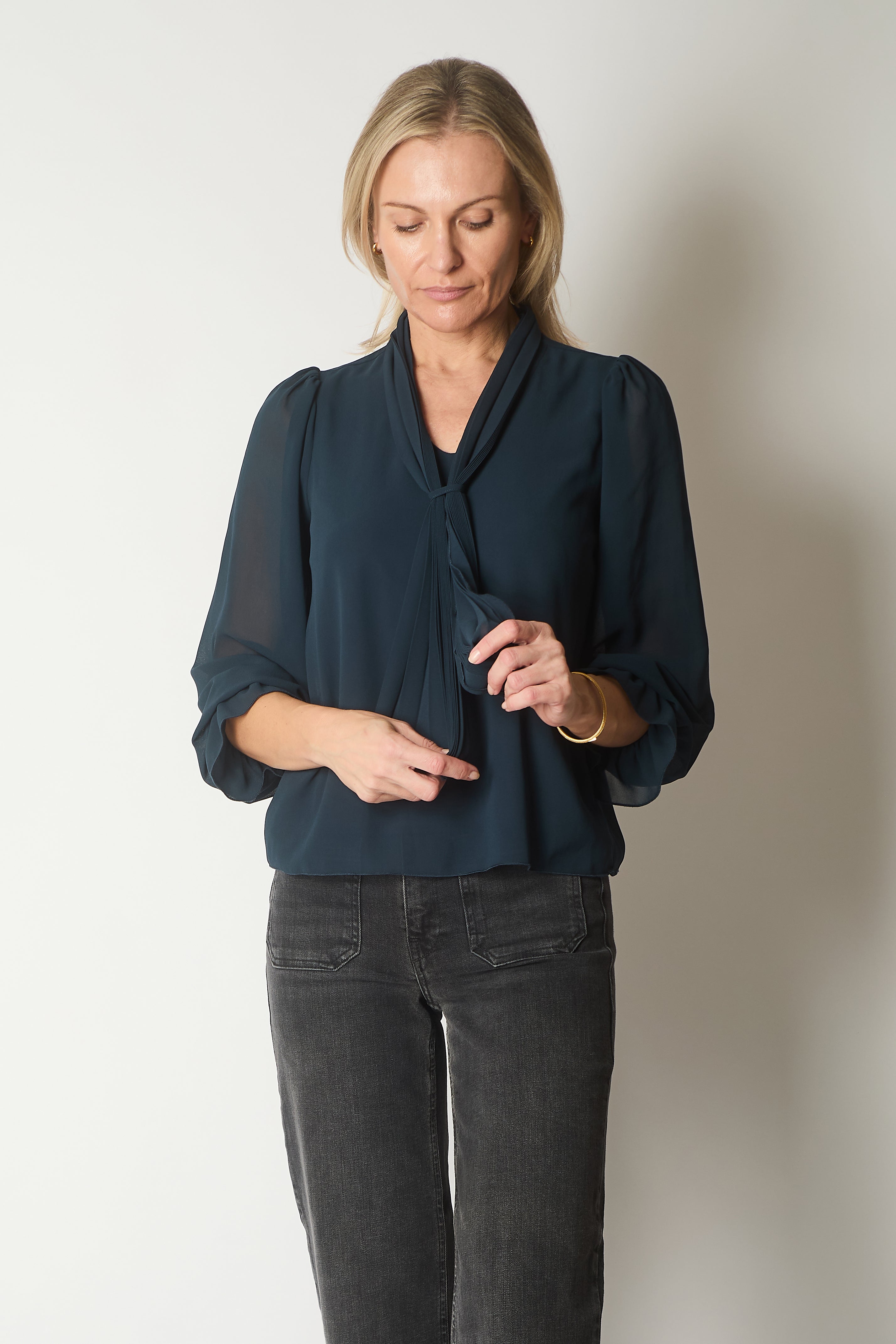 Tie Neck Long Sleeve Top with Ruffle Cuffs - Teal