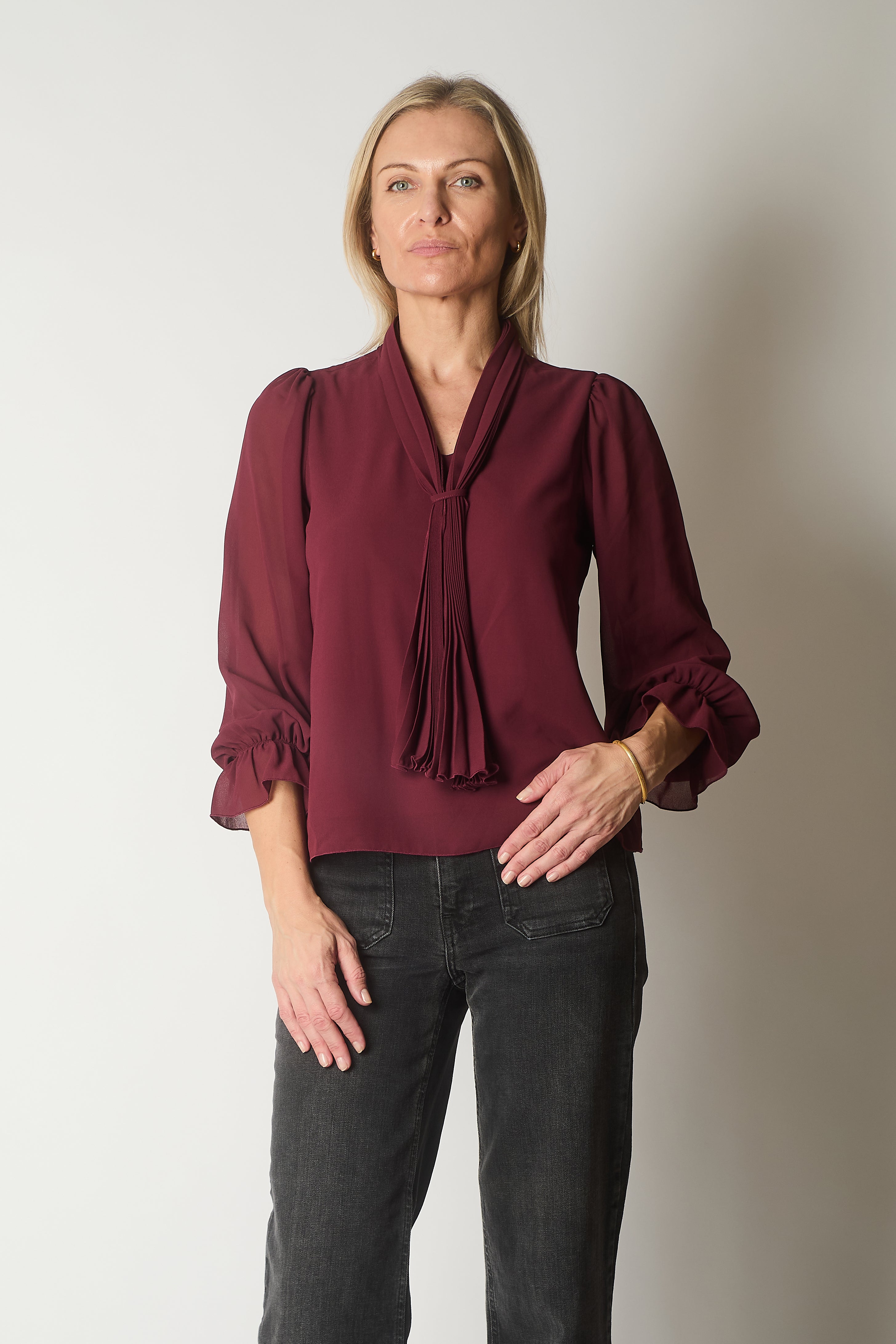 Tie Neck Long Sleeve Top with Ruffle Cuffs - Wine