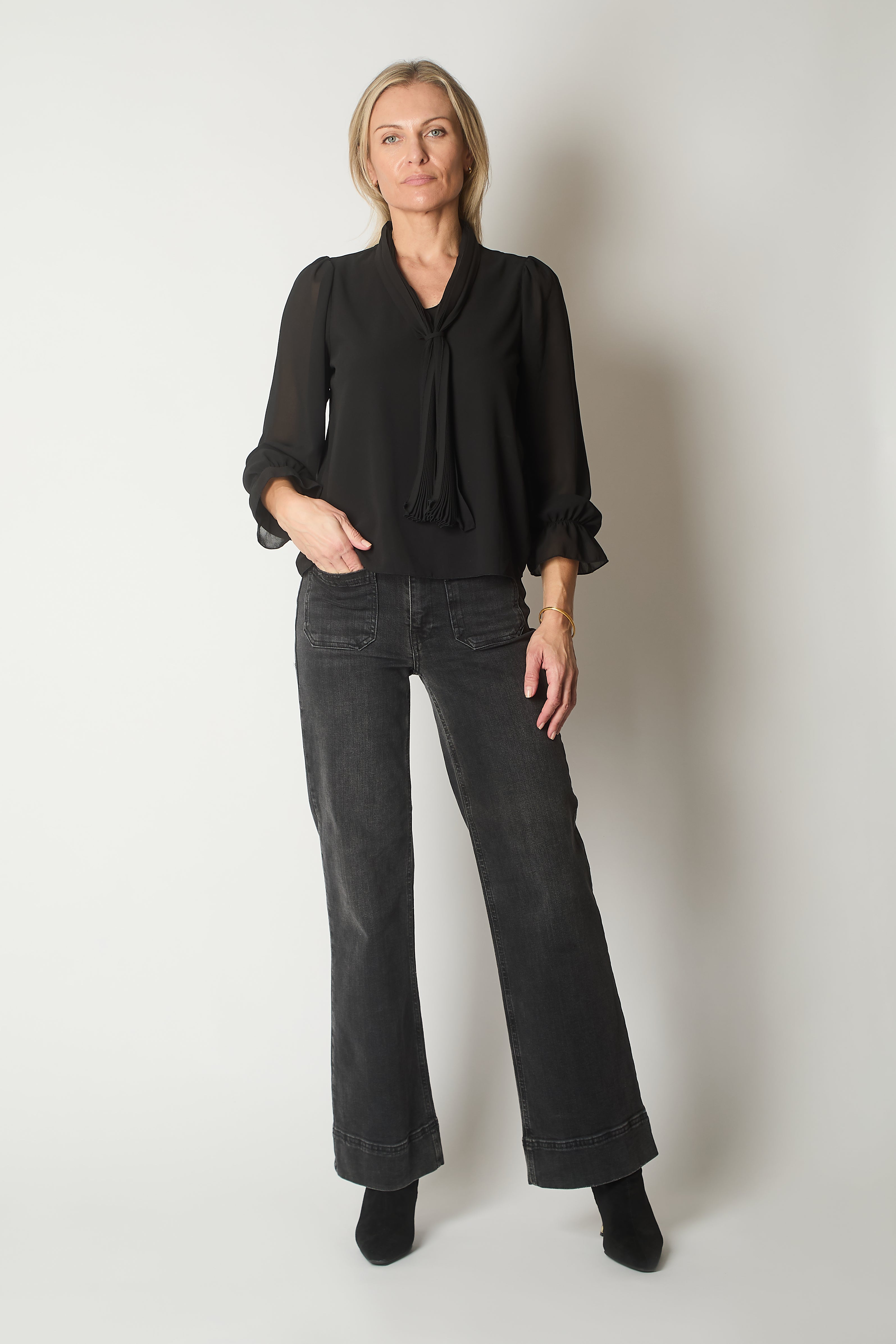 Tie Neck Long Sleeve Top with Ruffle Cuffs - Black