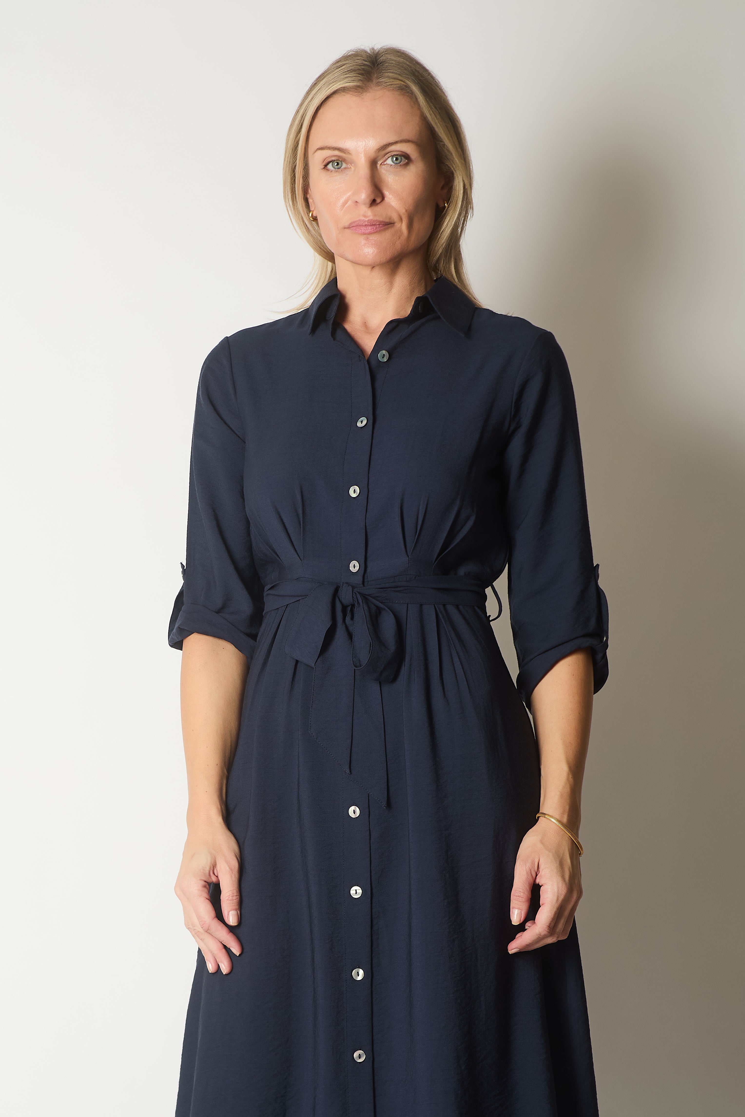 Button-Down Shirt Dress with Waist Tie - Navy