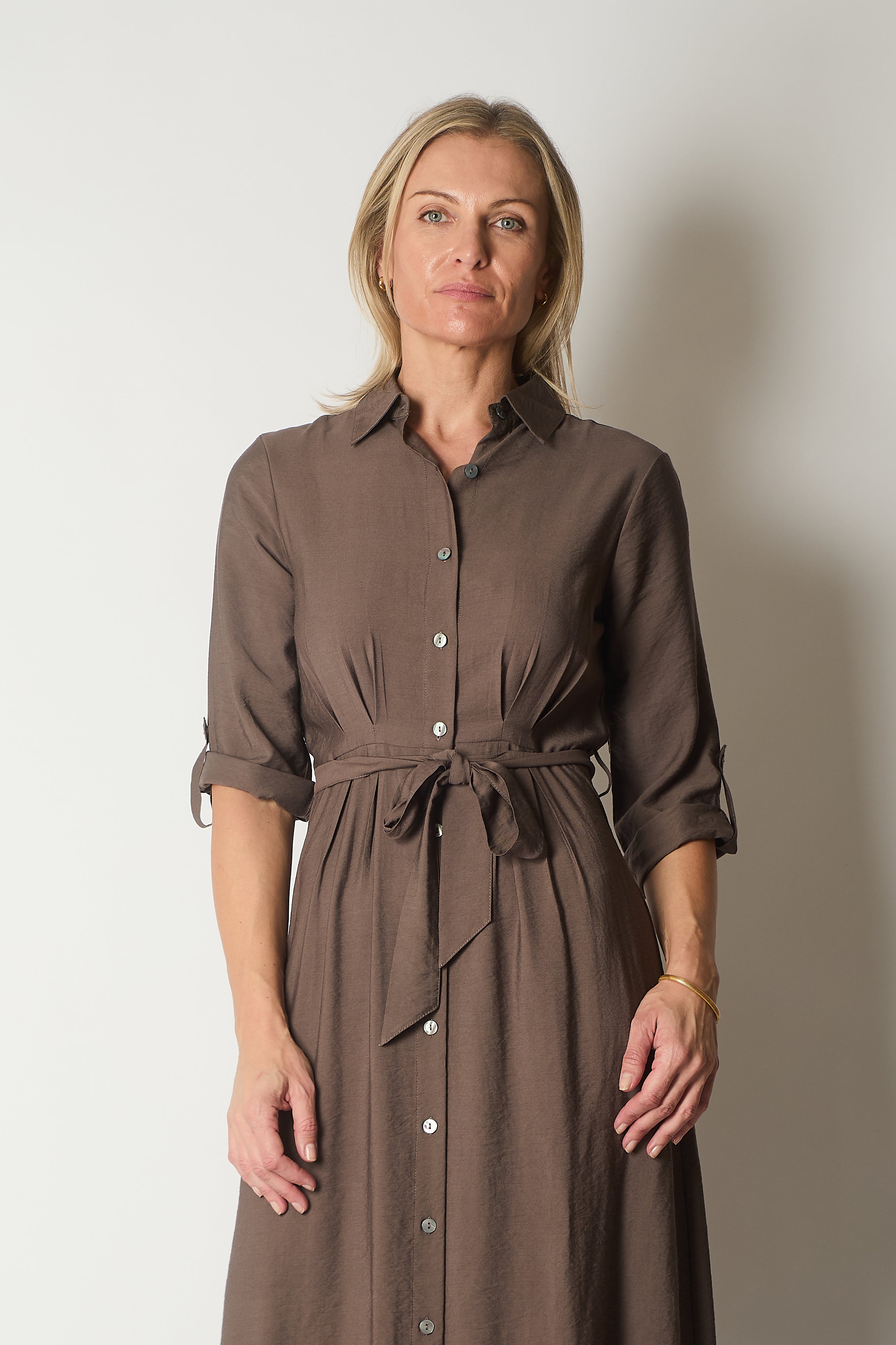 Button-Down Shirt Dress with Waist Tie - Coffee