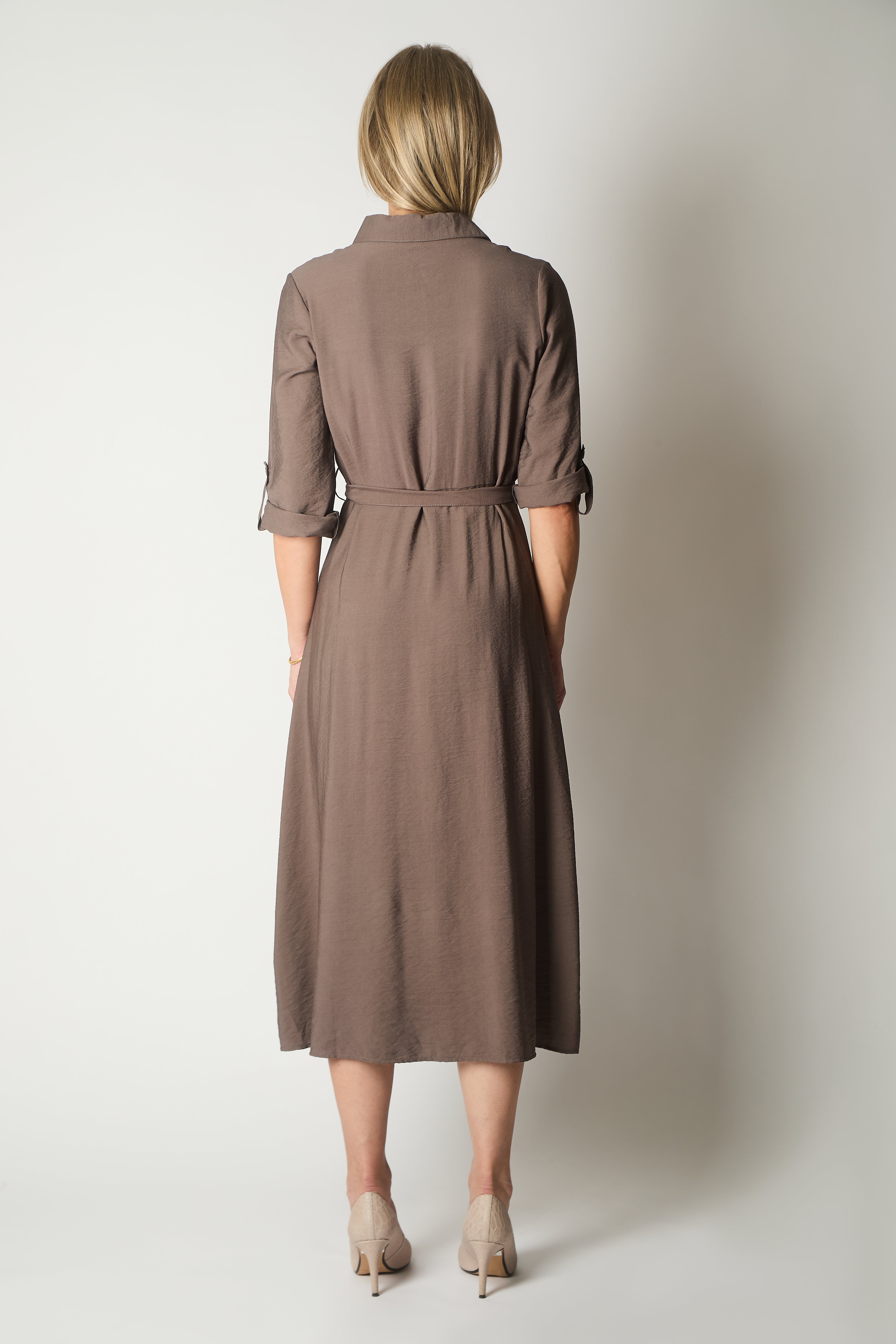 Button-Down Shirt Dress with Waist Tie - Coffee