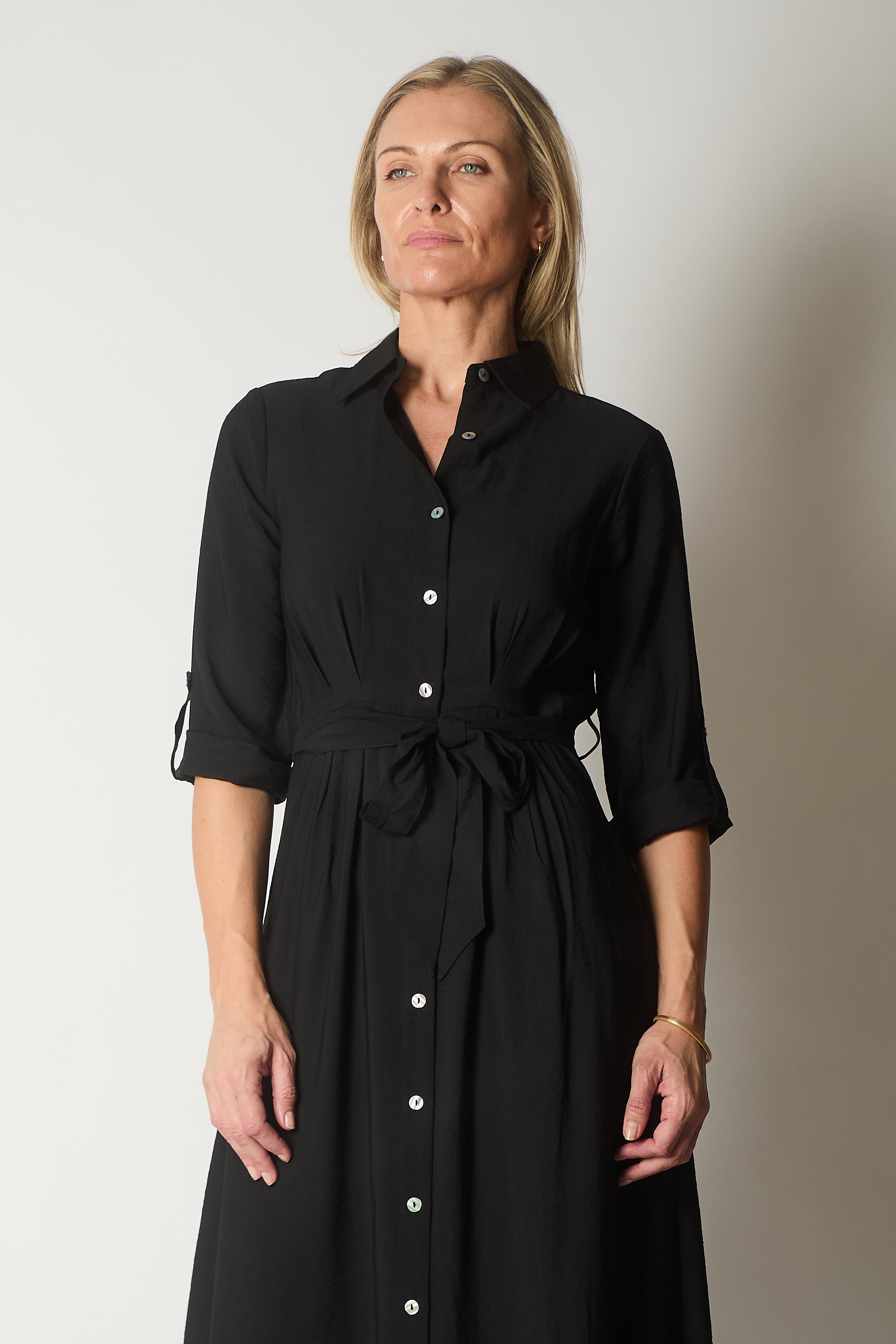 Button-Down Shirt Dress with Waist Tie - Black