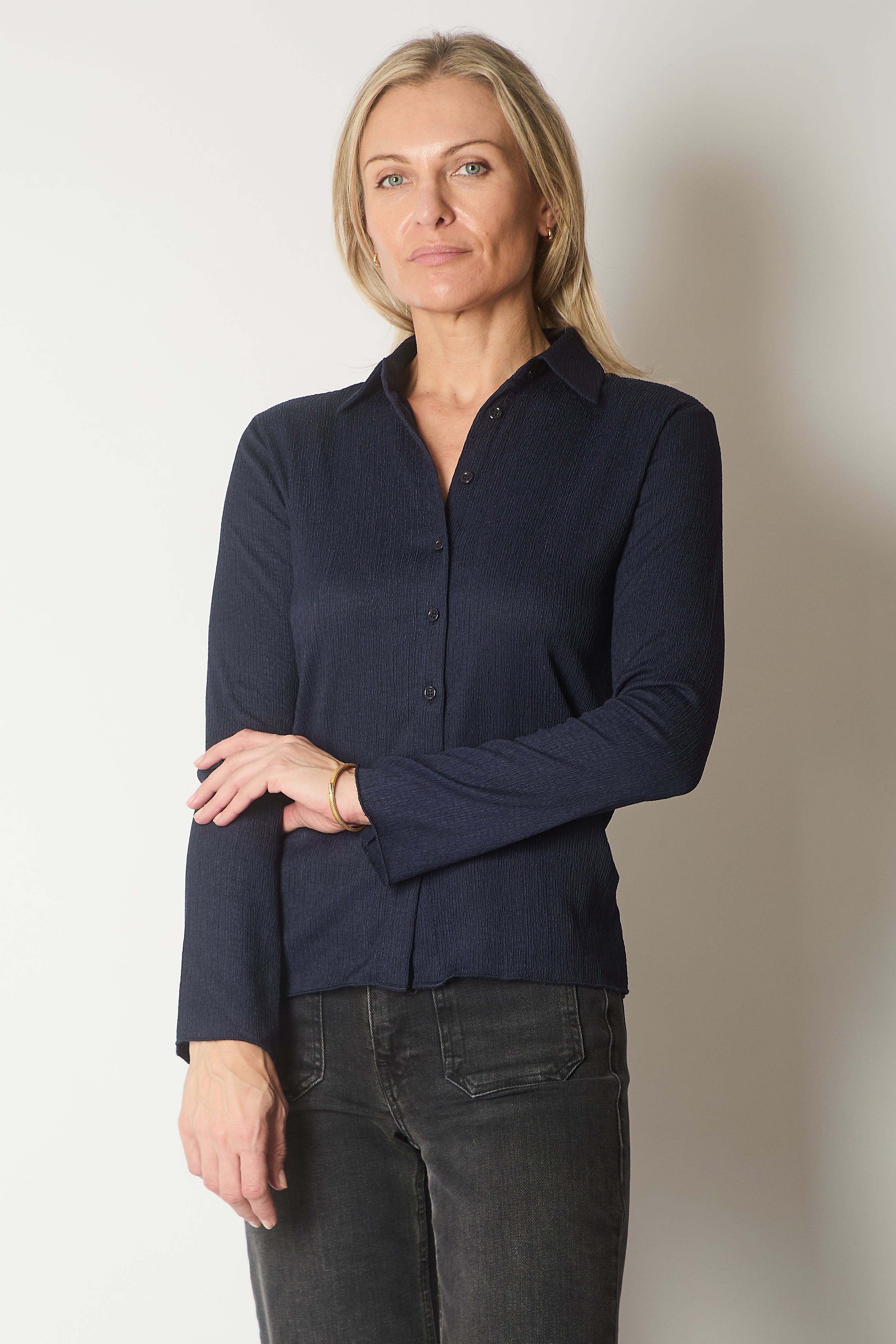 Long Sleeve Textured Shirt - Navy