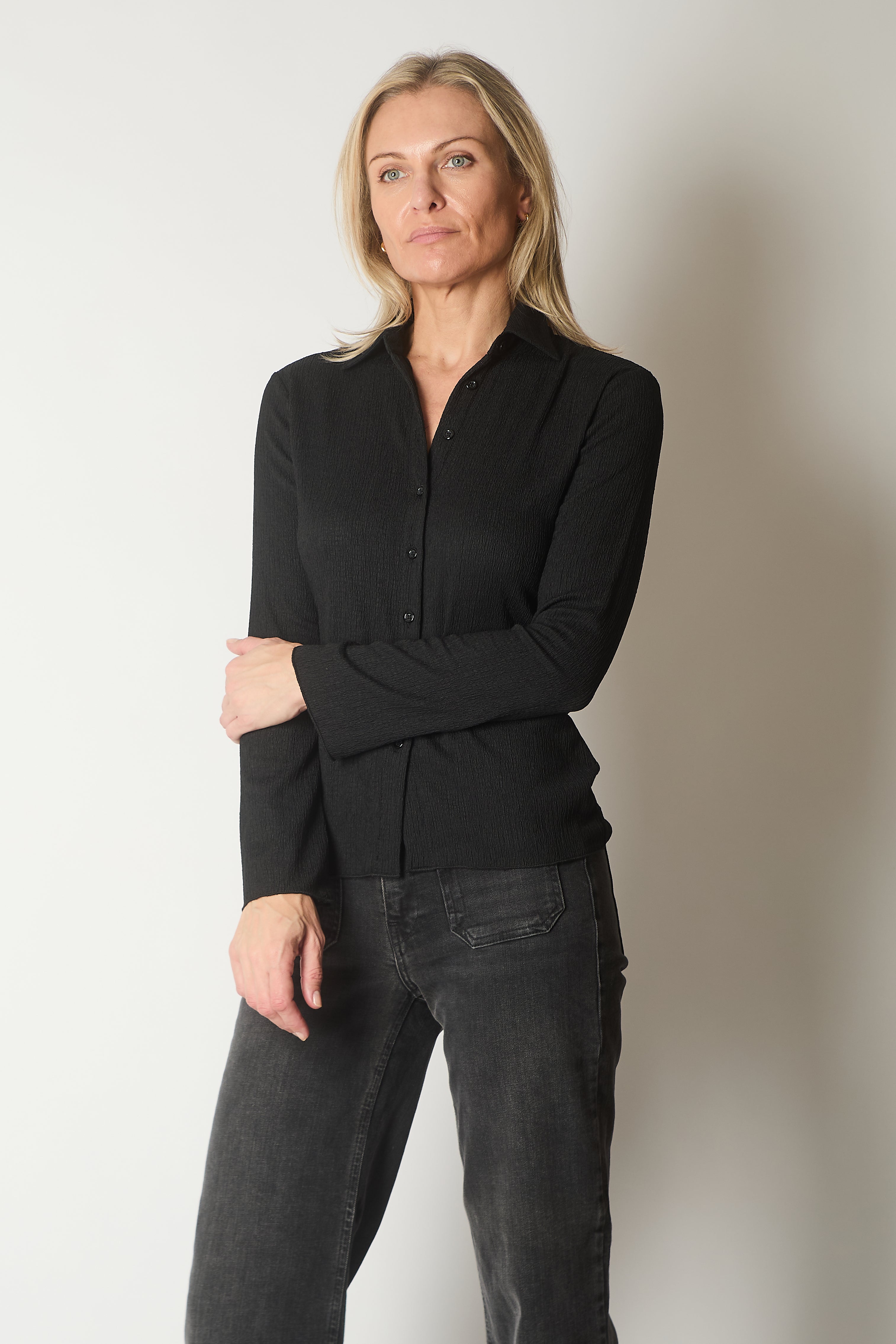 Long Sleeve Textured Shirt - Black