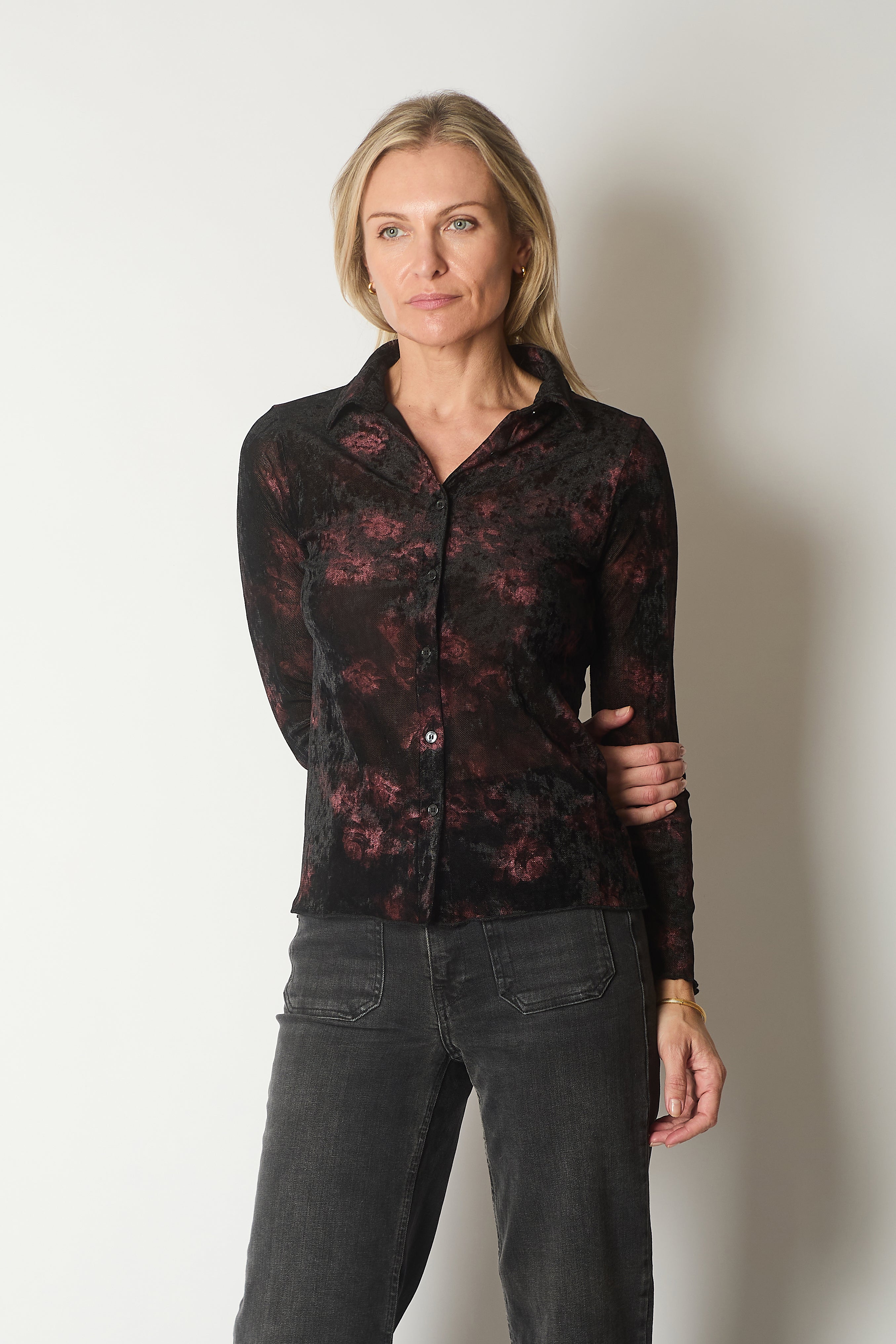 Velvet-Touch Button-Up Shirt