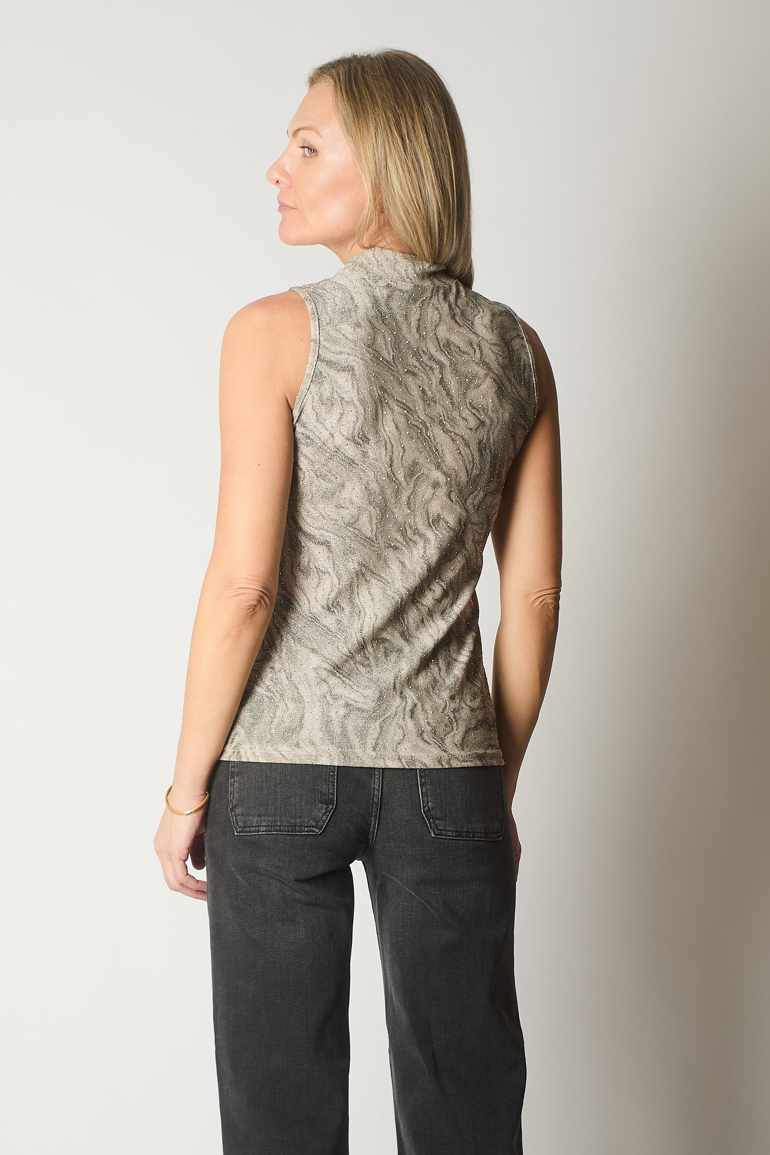 Sleeveless High-Neck Top with Marble Effect and Sparkle Detail - Champagne