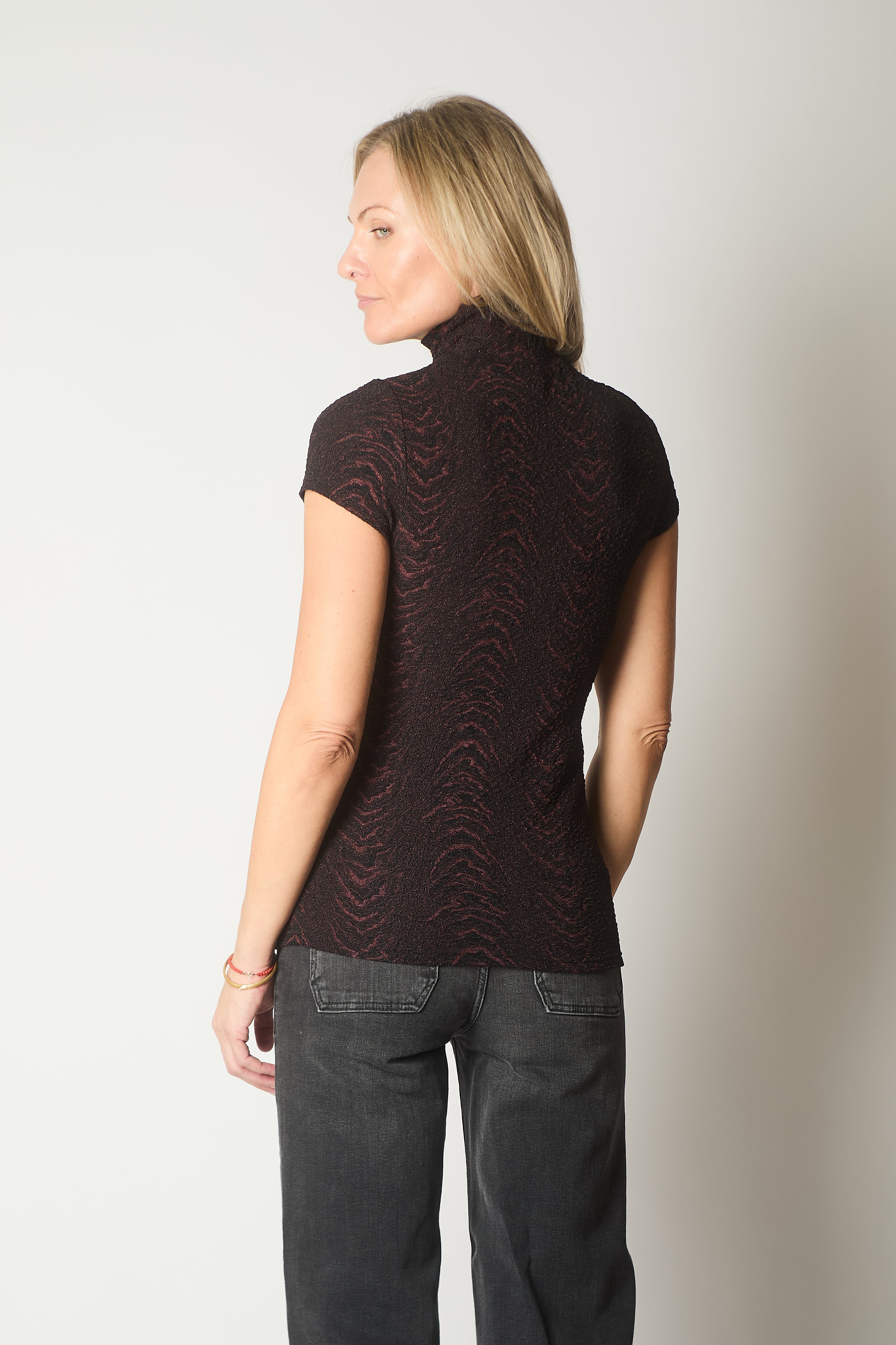 Textured High Neck Short Sleeve Top