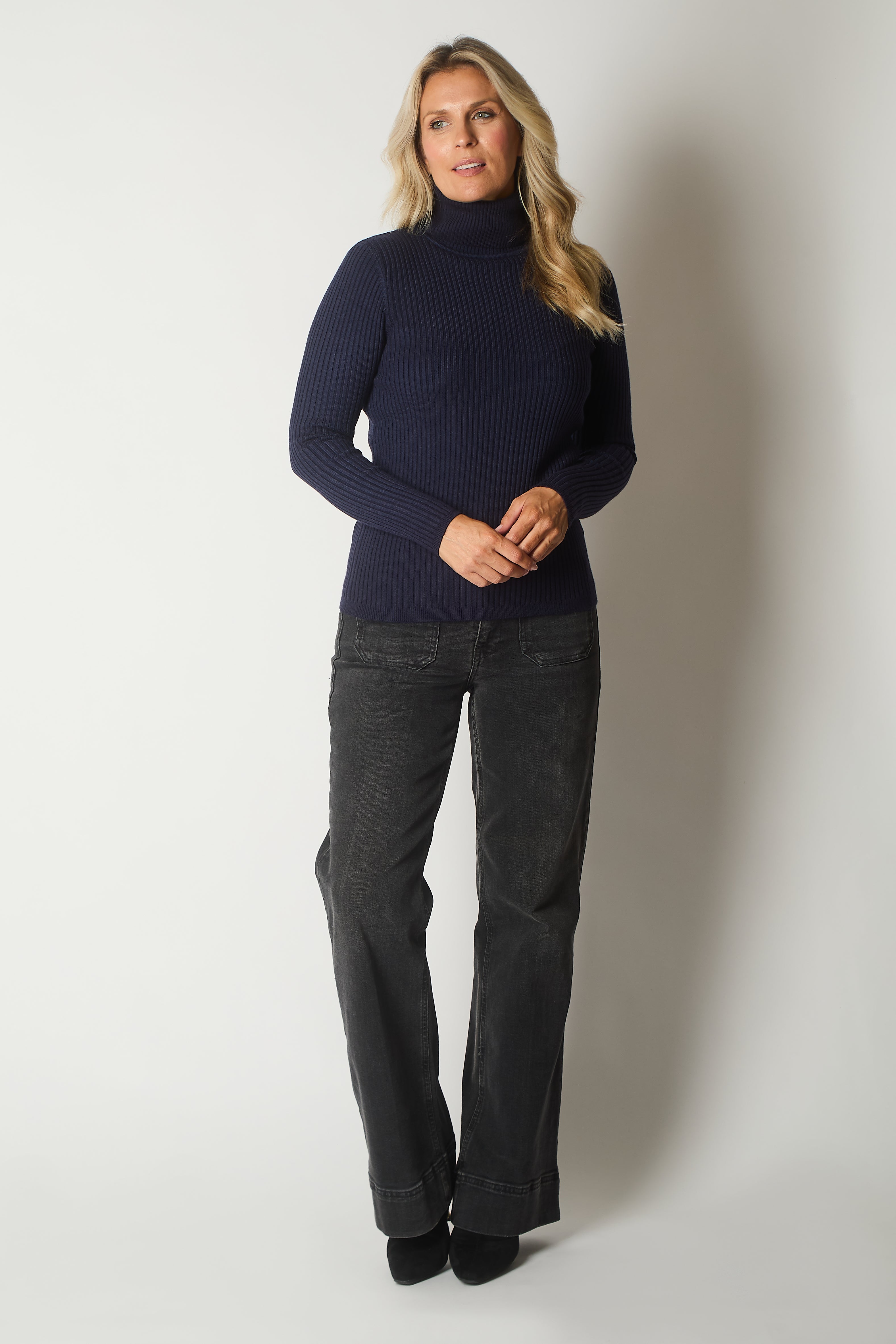 Ribbed Knit Roll Neck Jumper - Navy