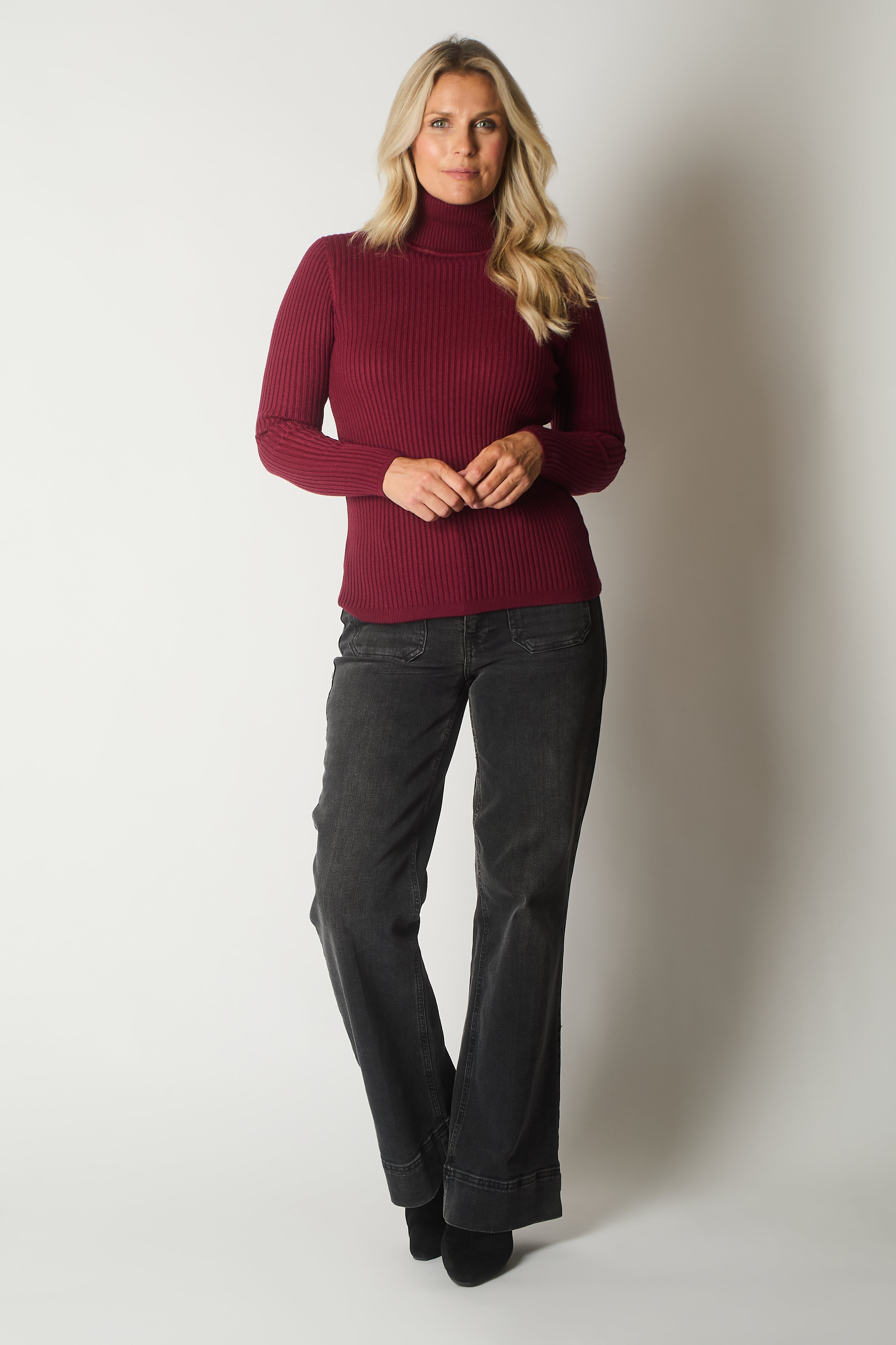 Ribbed Knit Roll Neck Jumper - Wine
