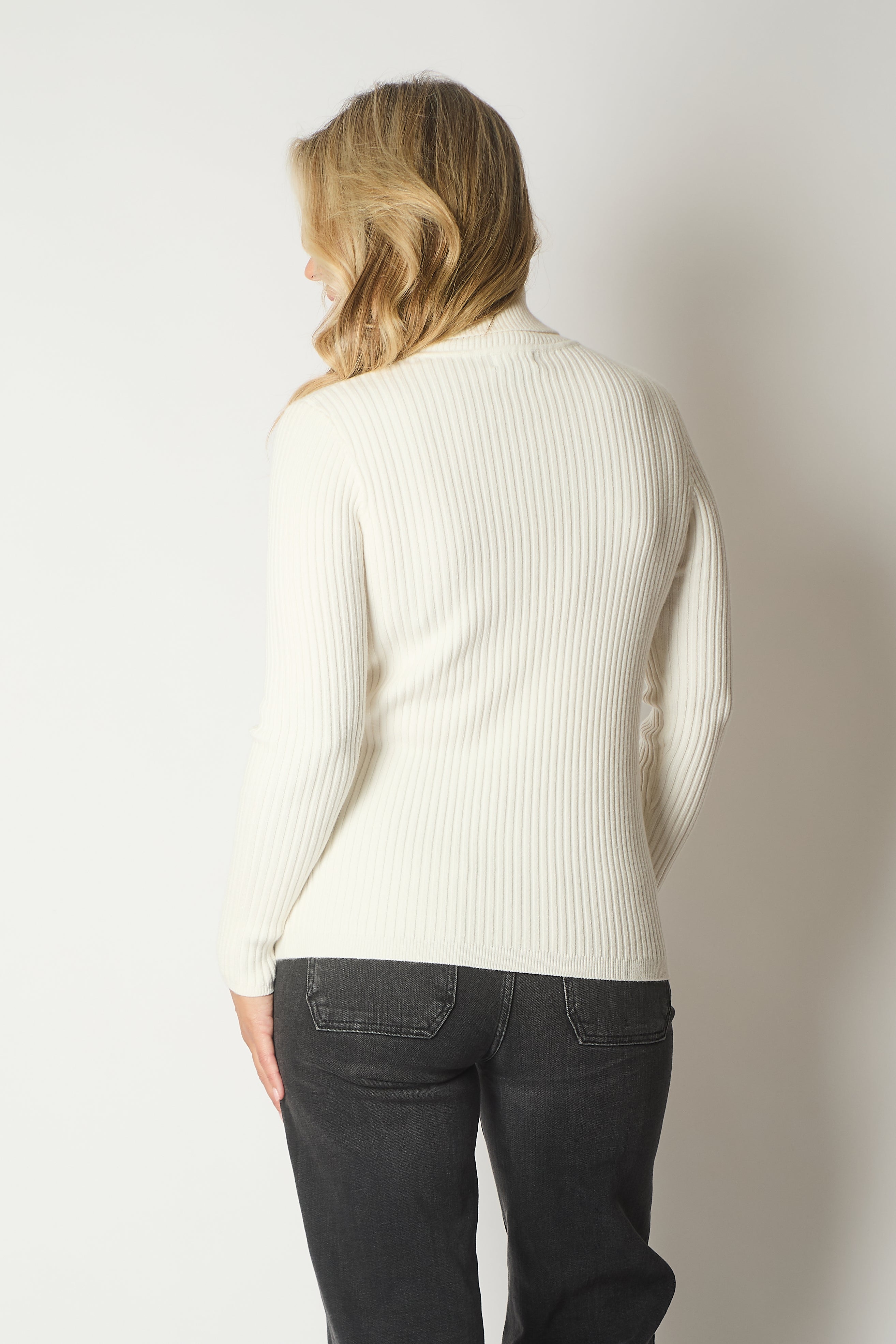 Ribbed Knit Roll Neck Jumper - Ecru