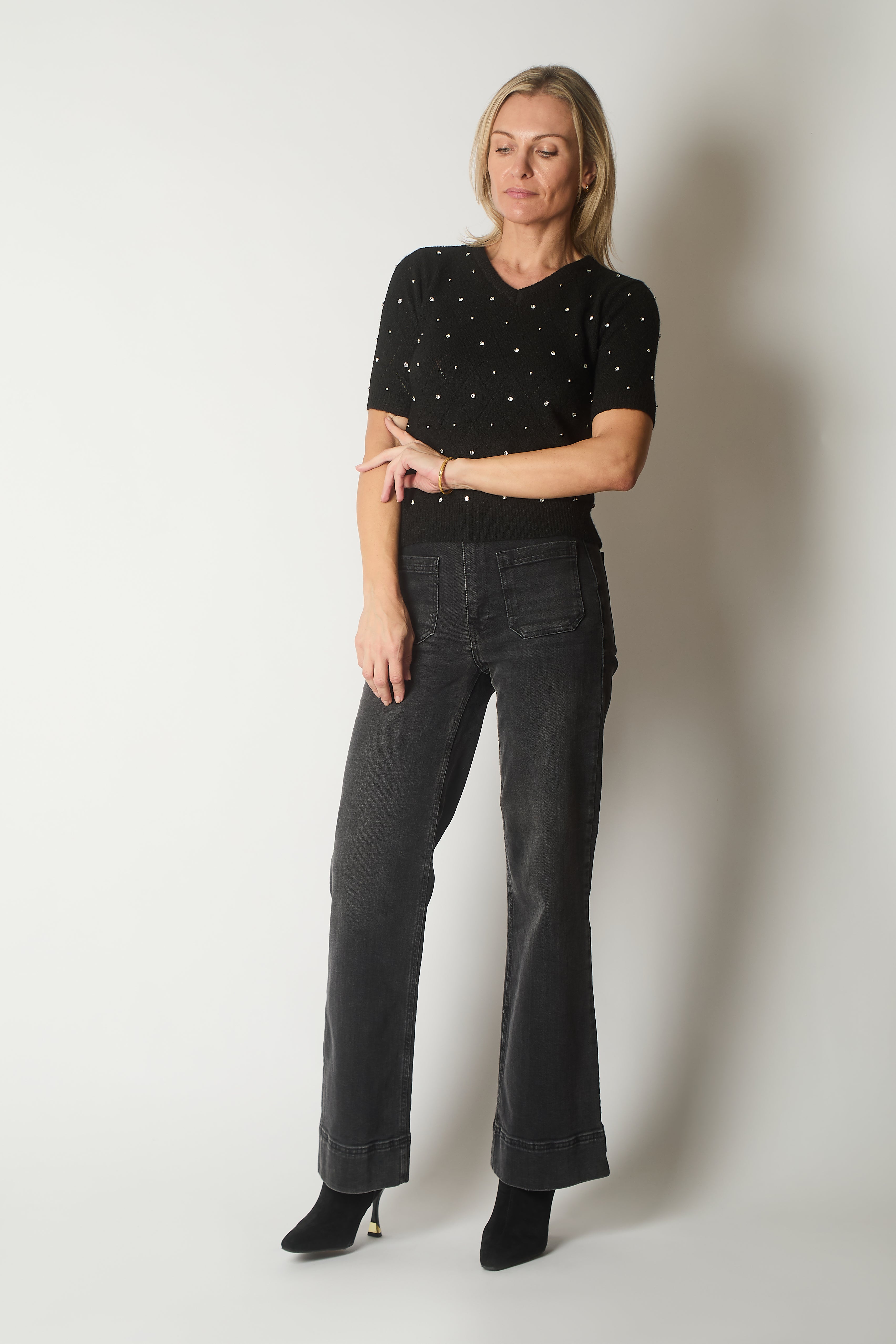 Embellished Knit V-Neck Jumper - Black