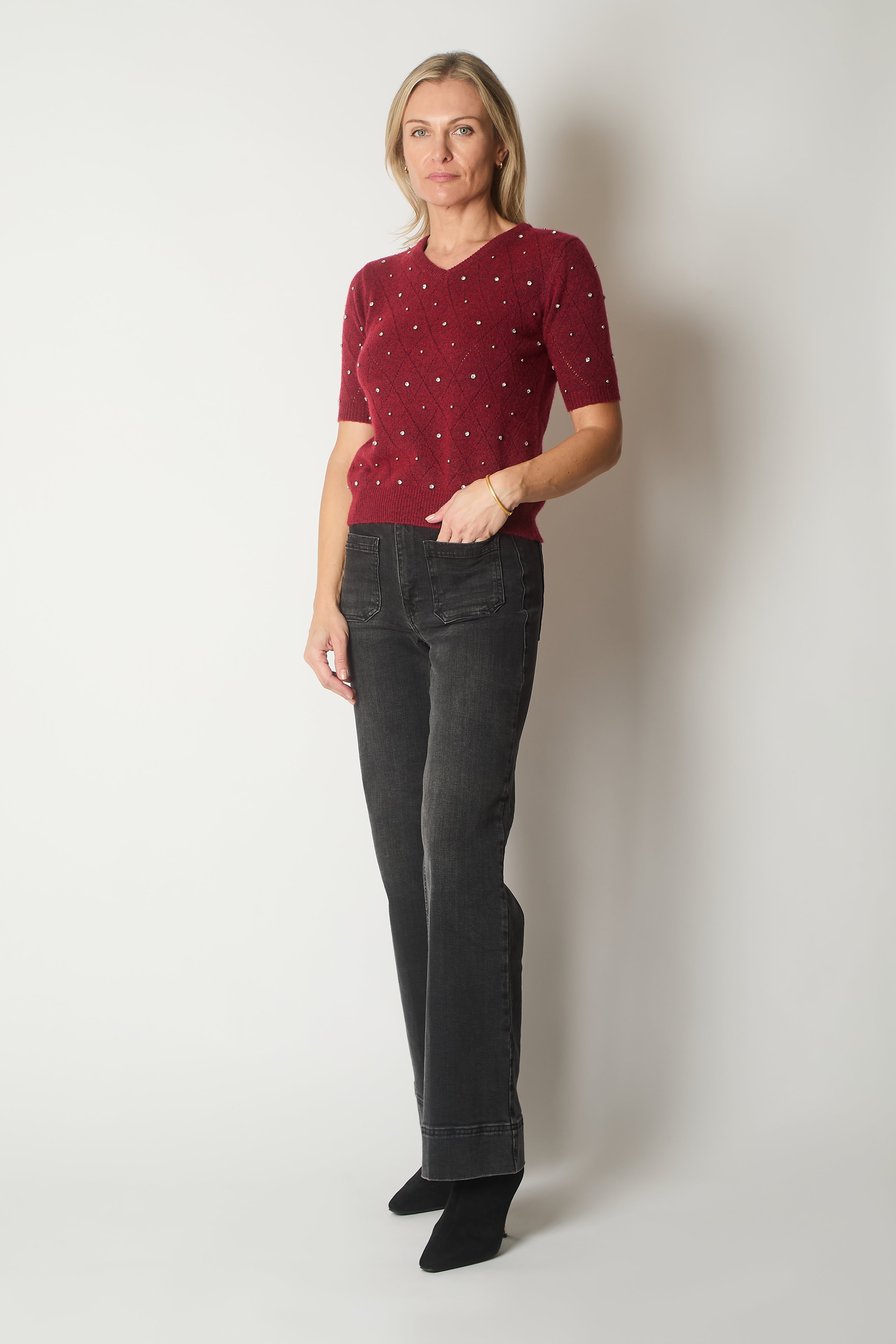 Embellished Knit V-Neck Jumper - Wine