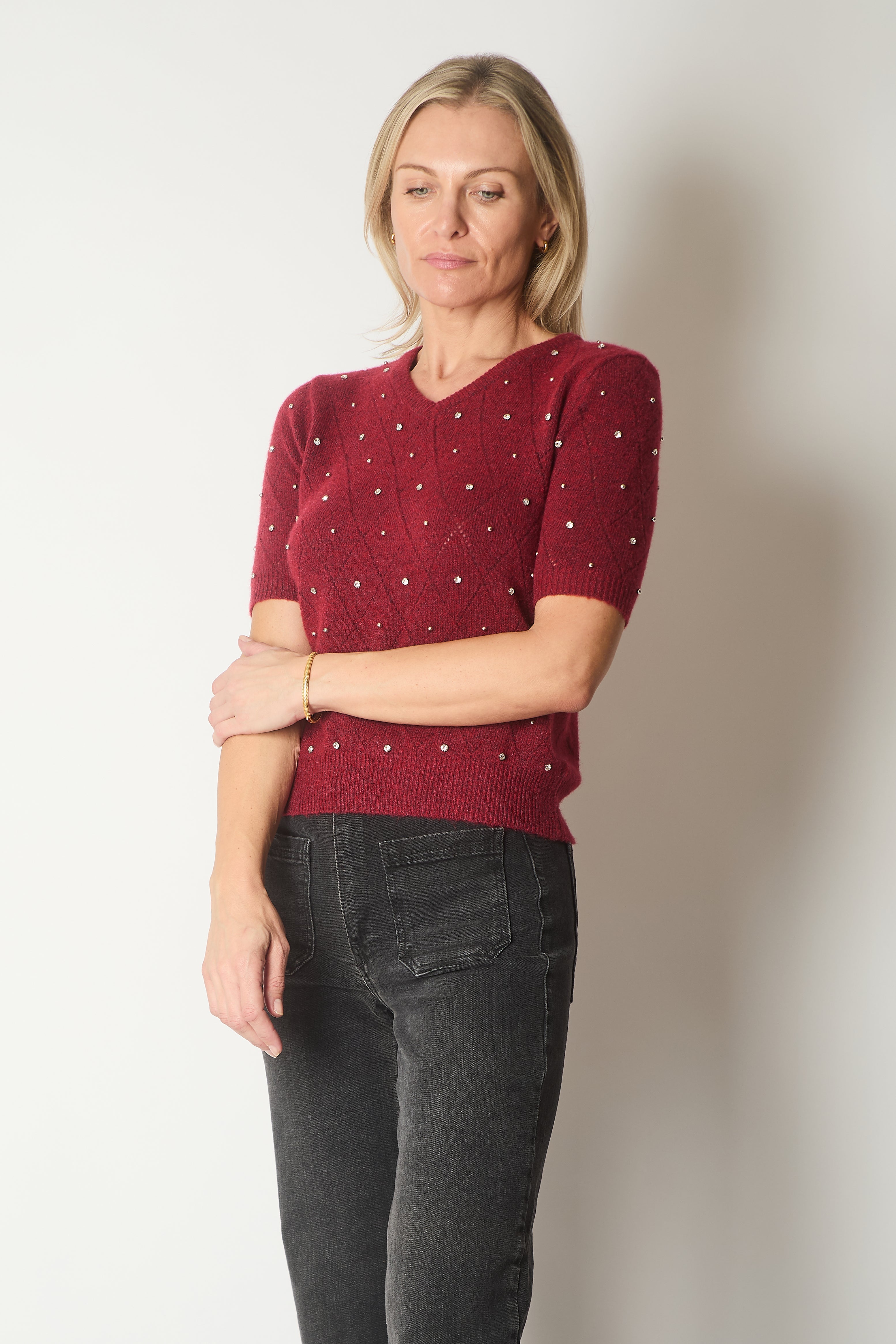 Embellished Knit V-Neck Jumper - Wine
