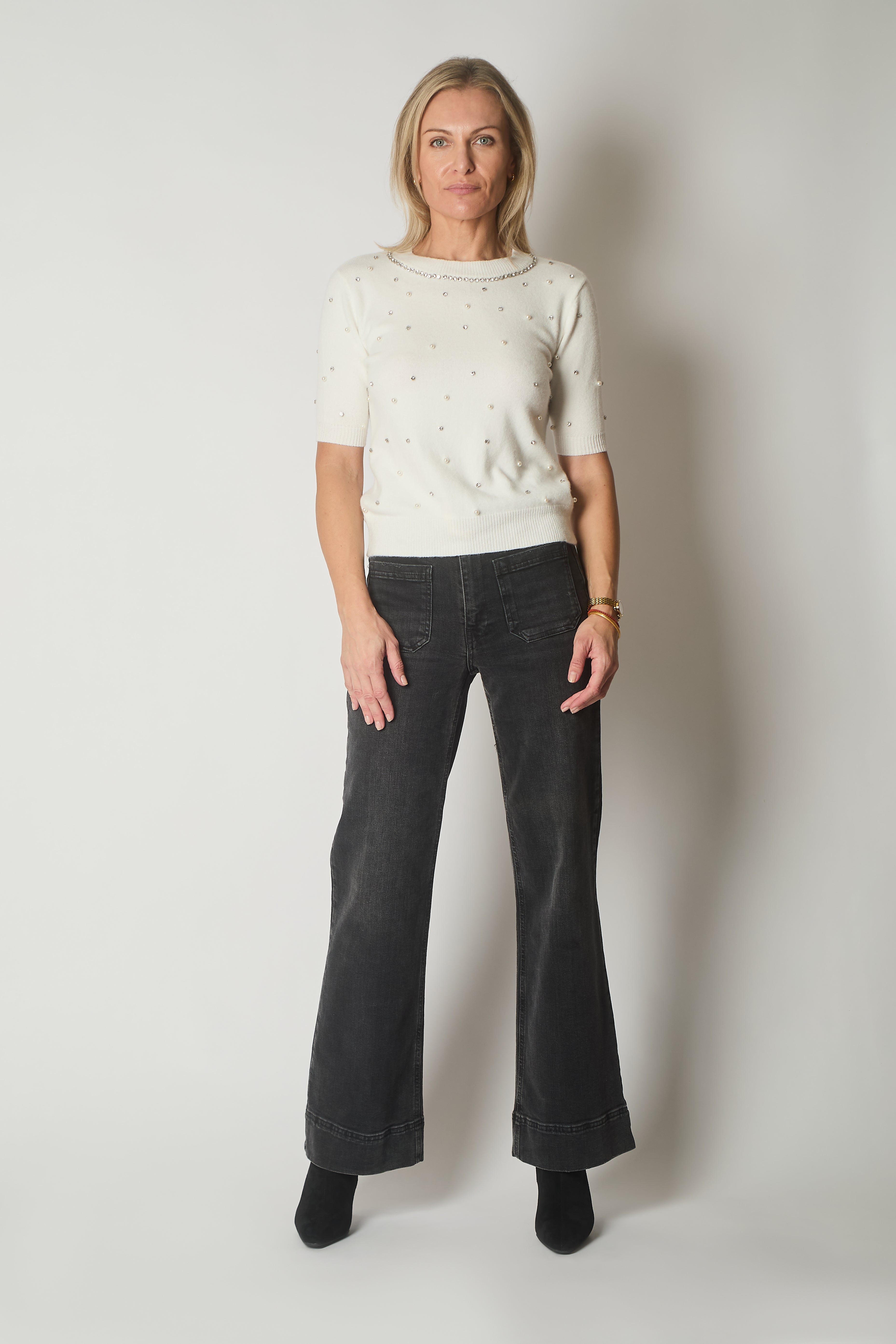 Embellished Knit Short Sleeve Jumper - White