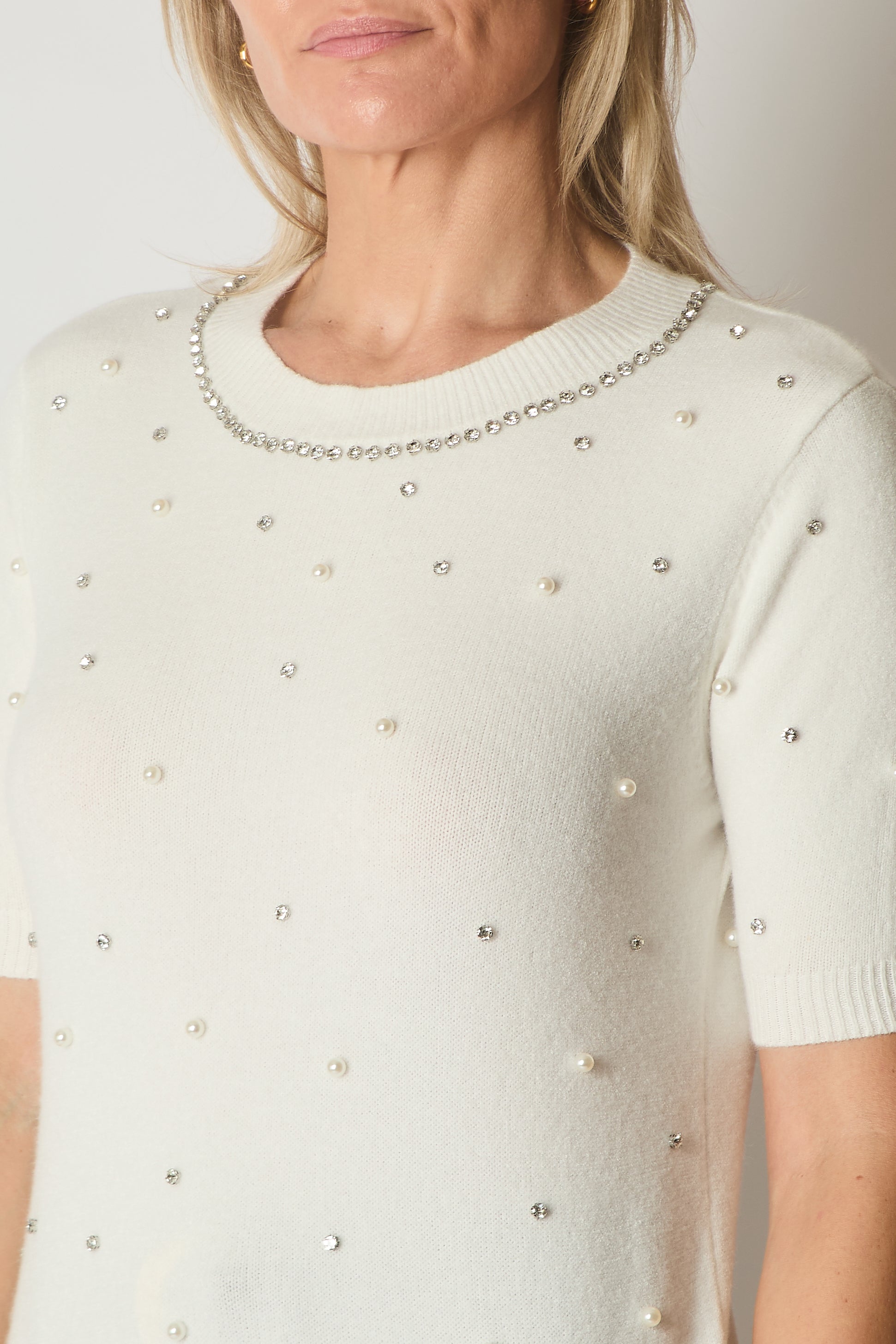 Embellished Knit Short Sleeve Jumper - White