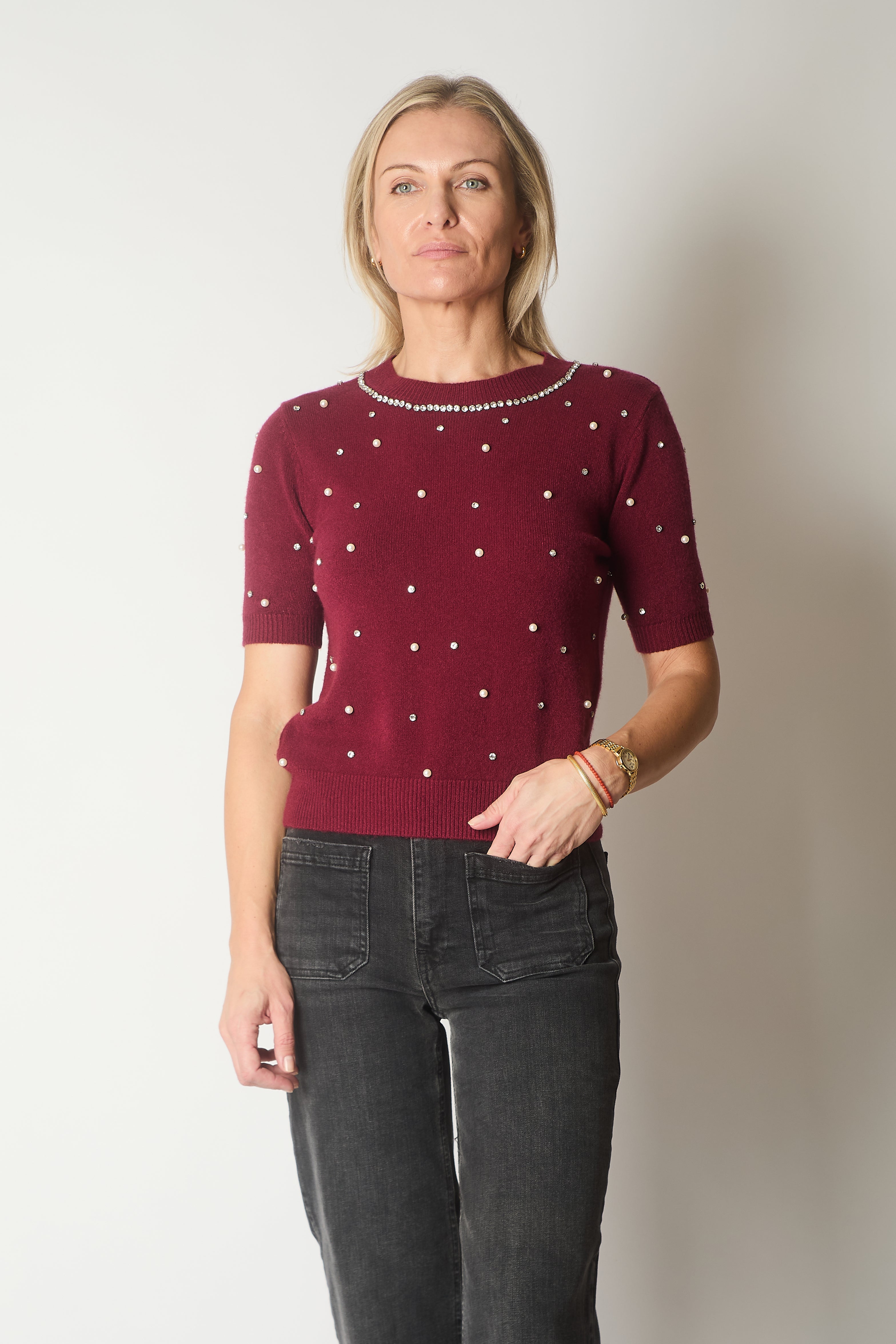Embellished Knit Short Sleeve Jumper - Wine