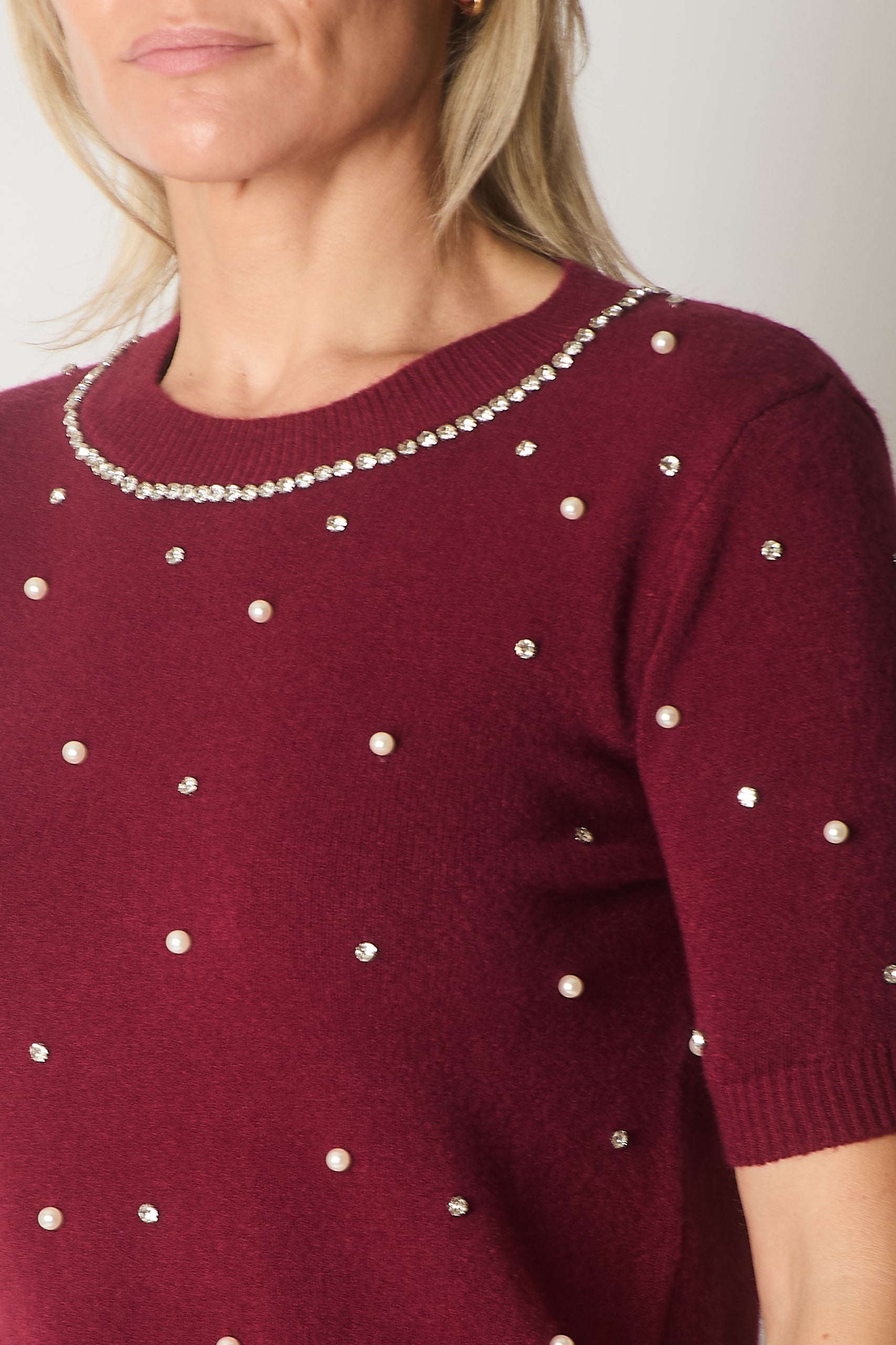 Embellished Knit Short Sleeve Jumper - Wine