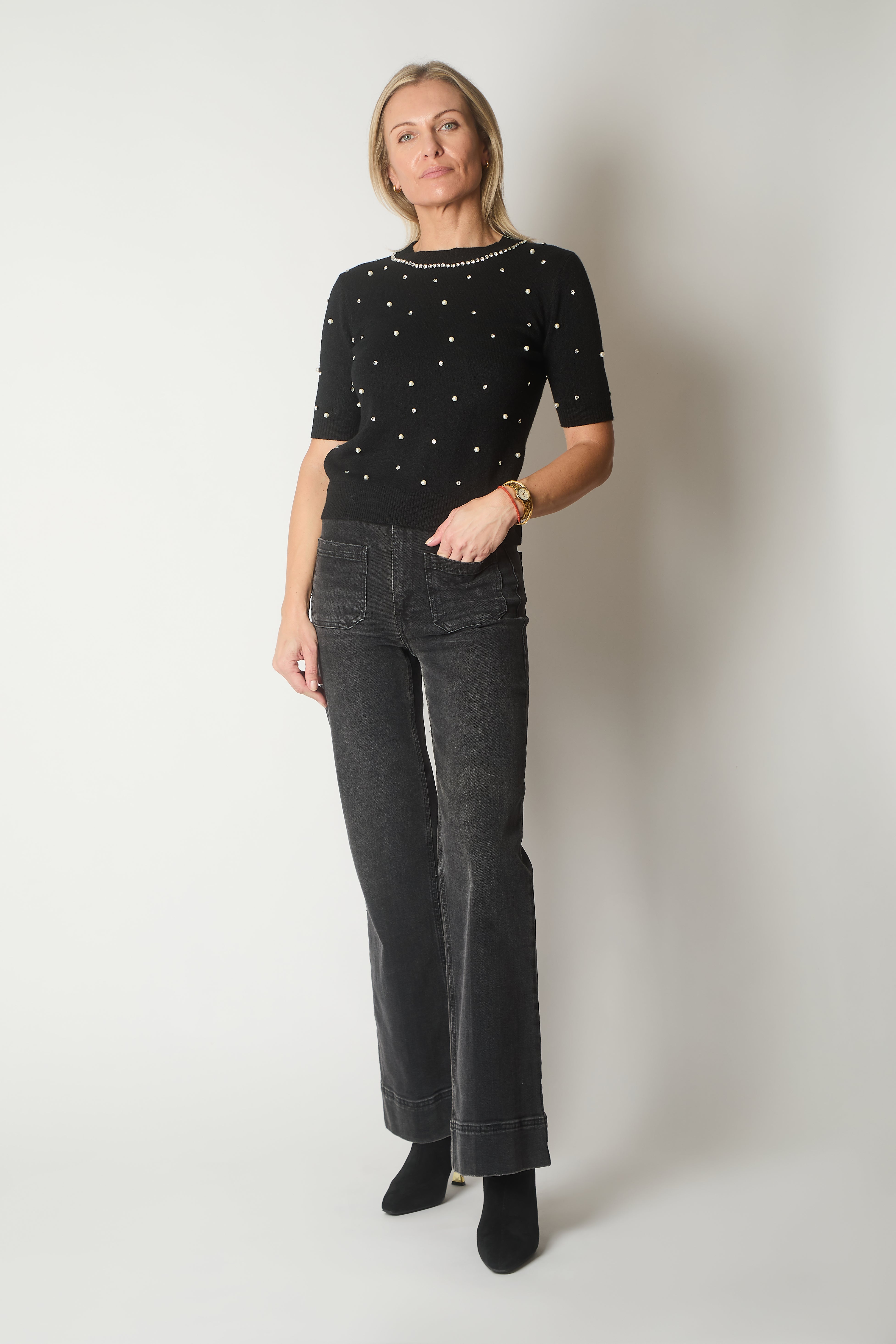 Embellished Knit Short Sleeve Jumper - Black