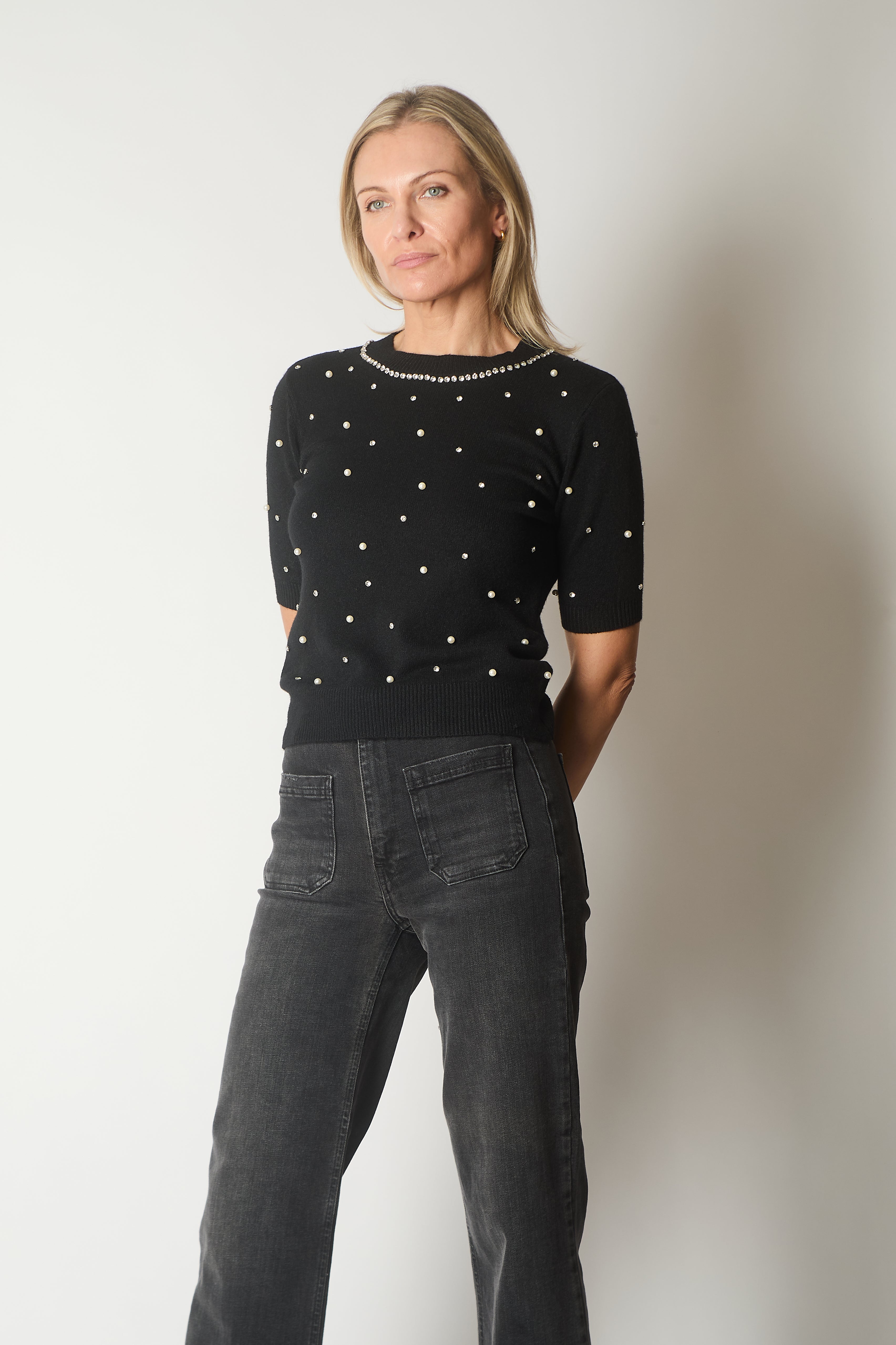 Embellished Knit Short Sleeve Jumper - Black