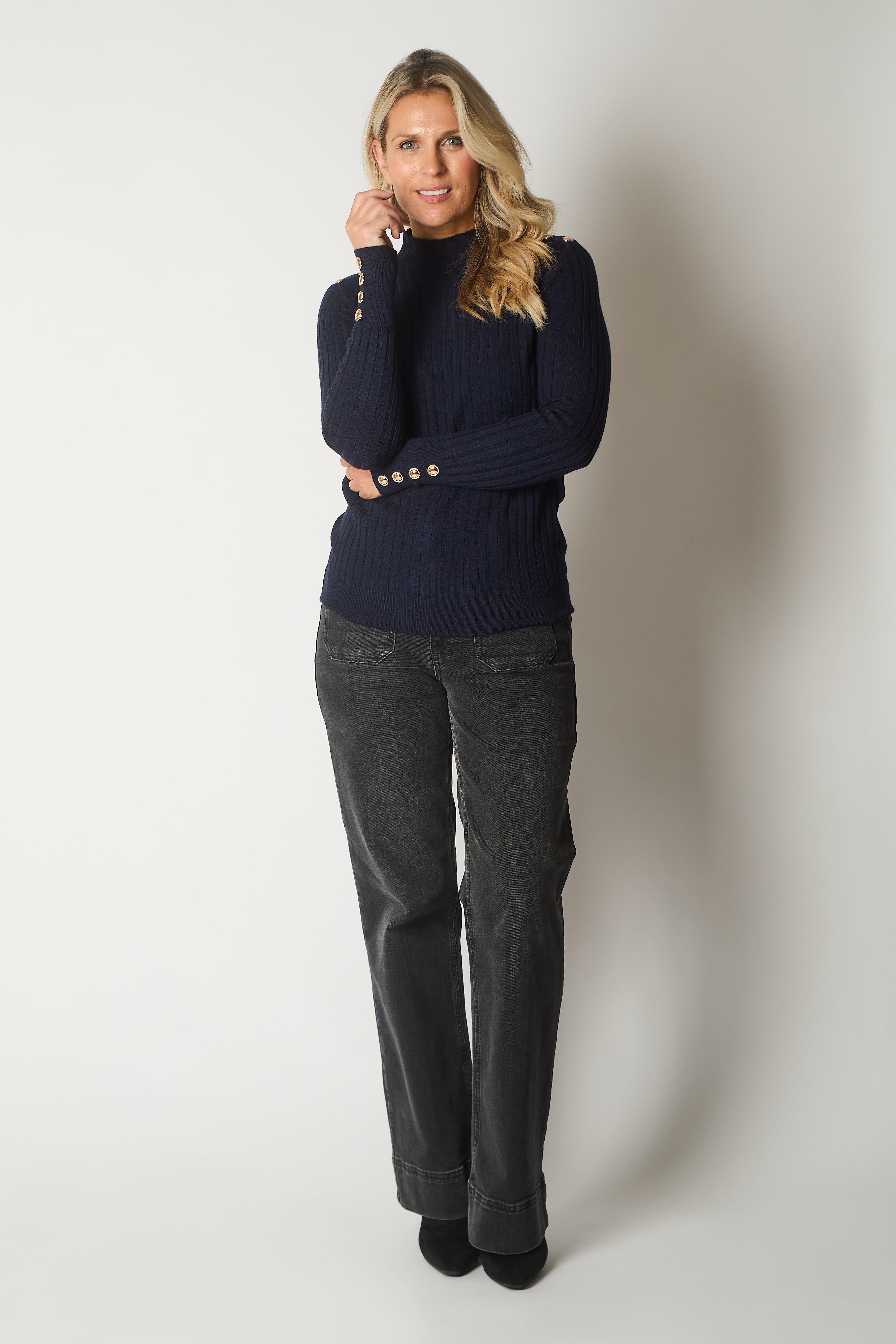 Ribbed Knit Jumper with Button Detail - Navy