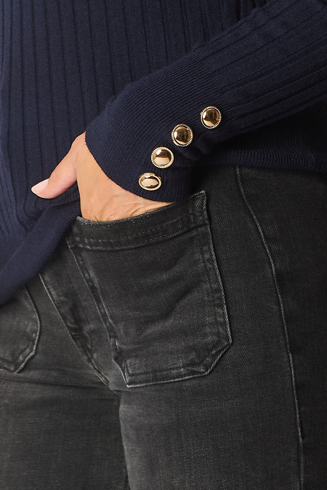 Ribbed Knit Jumper with Button Detail - Navy